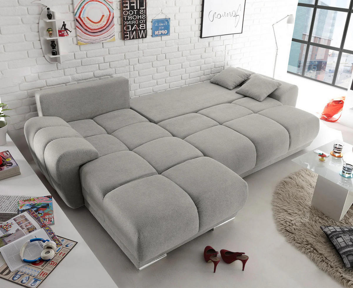 ECKSOFA beidseitig montierbar, Schlaffunktion mit Bettkasten - Chromfarben/Hellgrau, Textil (289/189cm) - ed exciting design