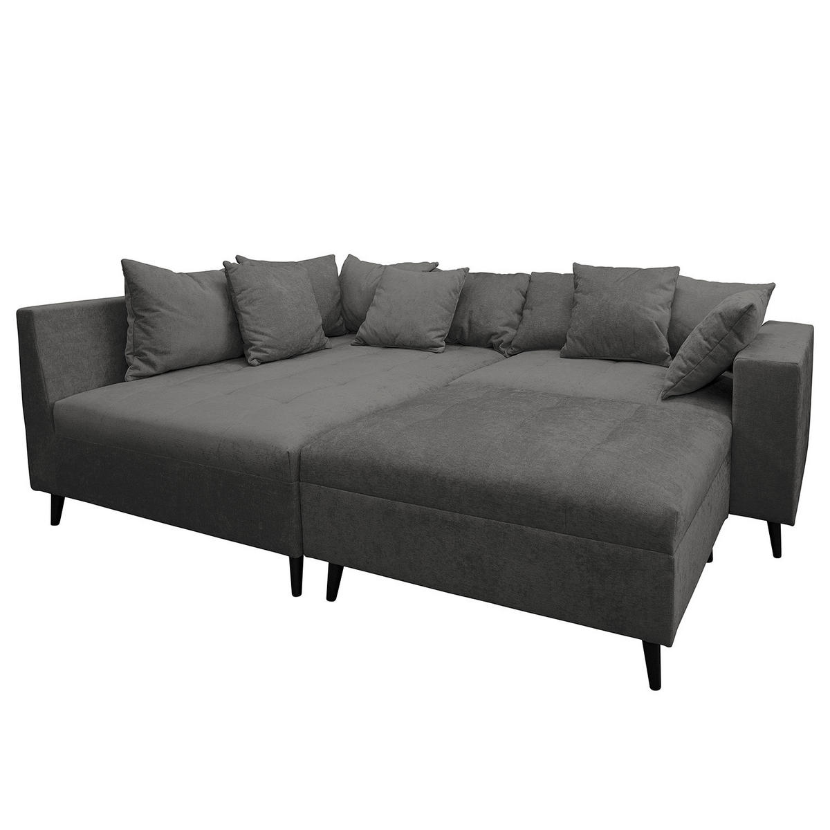 ECKSOFA mit Ottomane und Hocker - Schwarz/Grau, Birkenholz/Textil (247/174cm) - home24