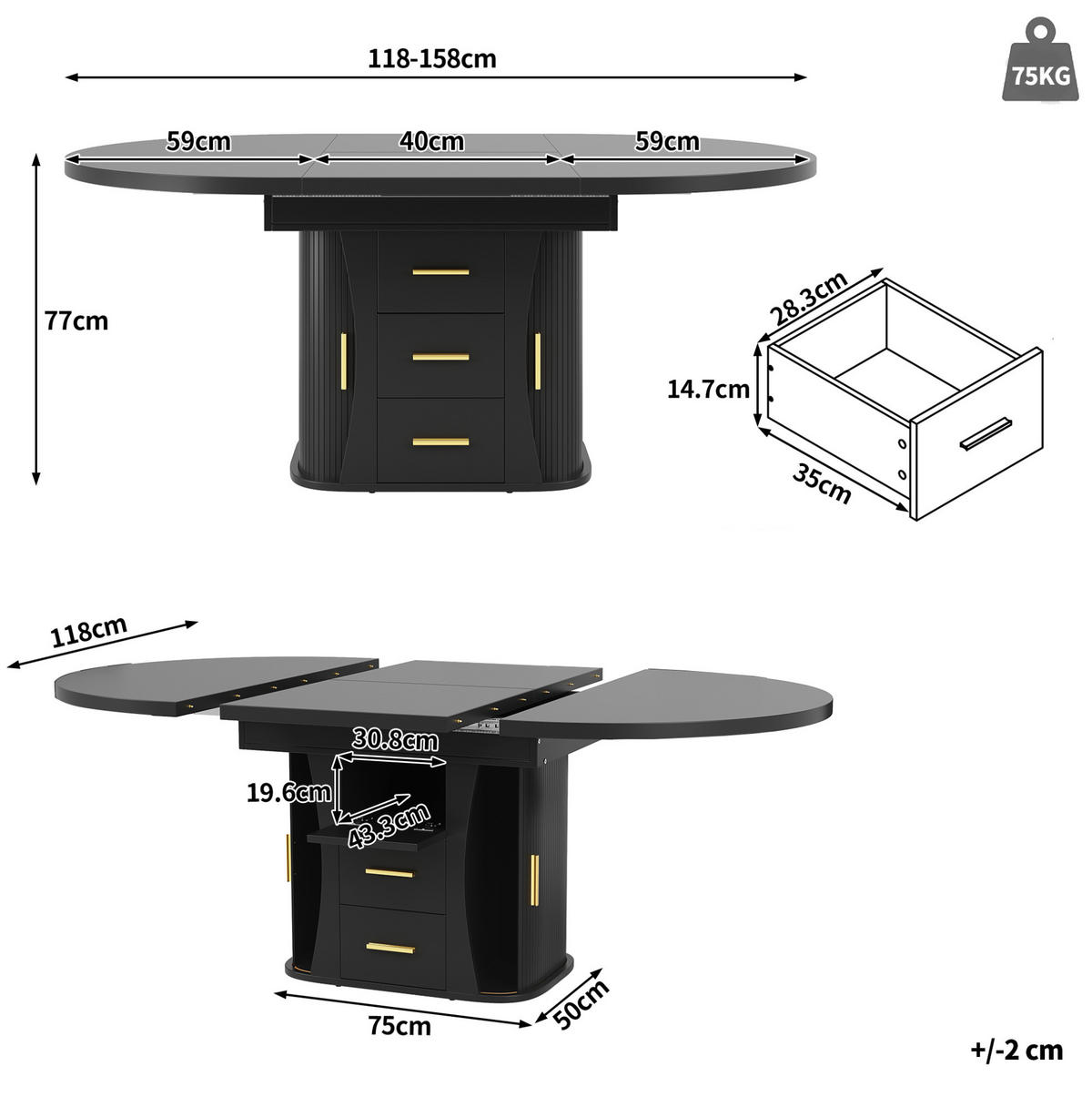AUSZIEHTISCH 118/77 cm in Schwarz – ausziehbar auf 158 cm, für bis zu 6 Personen - Schwarz, Holzwerkstoff (118/118/77cm) - BEAOK