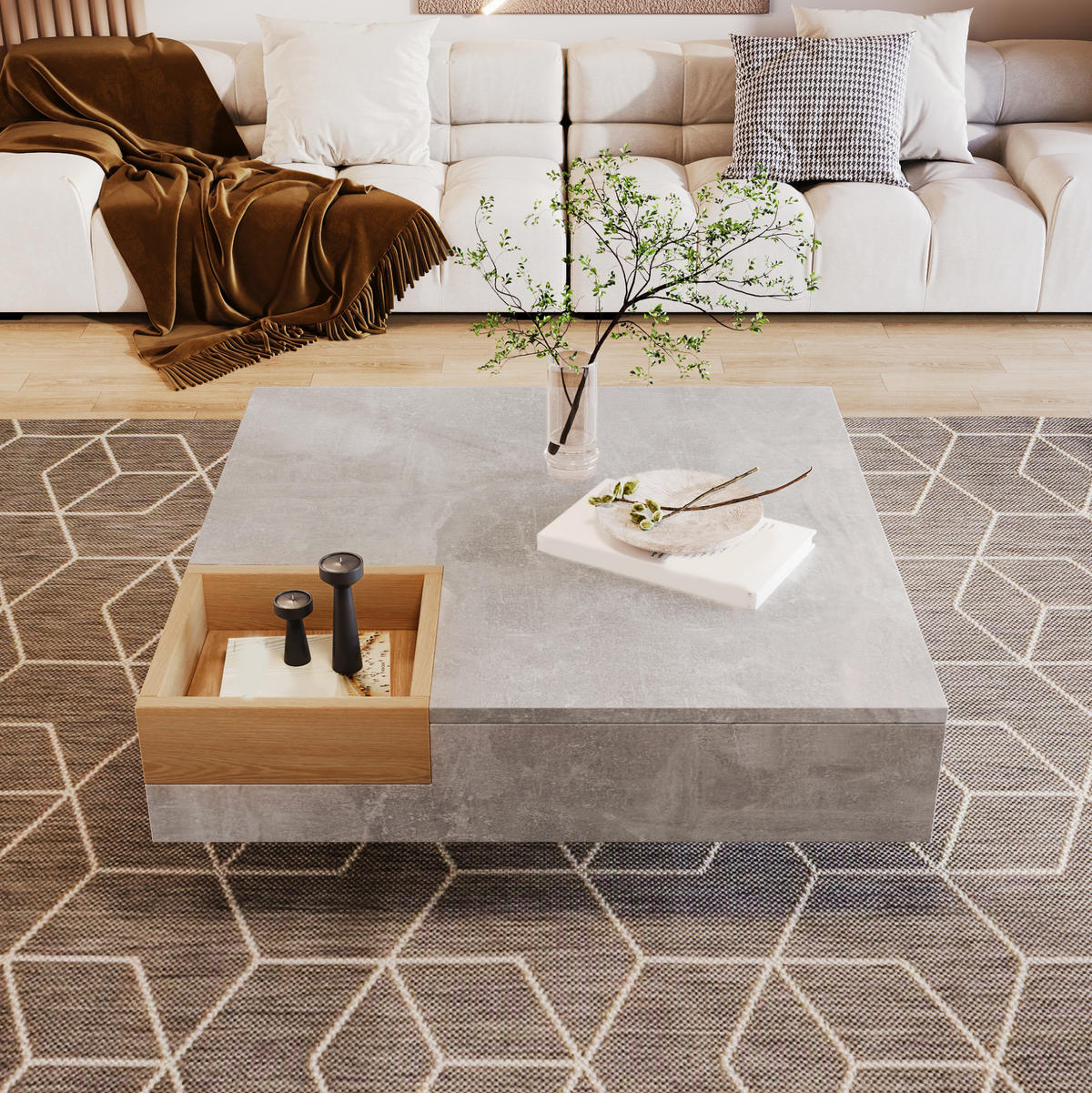 COUCHTISCH mit Aufbewahrungsbox 72x72 cm Grau Holzoptik - Grau, Holzwerkstoff (72/72/30cm) - Meubliv