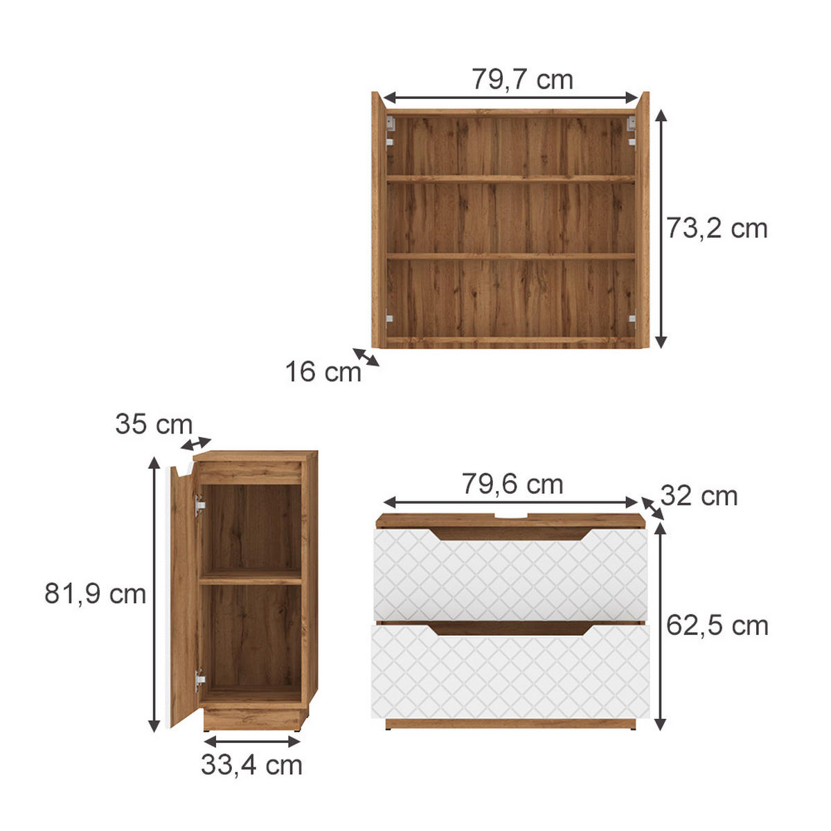 BADMÖBEL-SET Lotta Eiche/Weiß mit Kachelstruktur 3 Teile - Eichefarben/Weiß, Holzwerkstoff (79.6/62.5/32cm) - Vicco