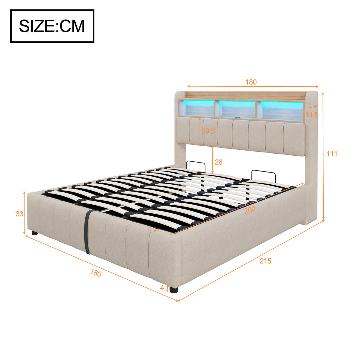 ČALÚNENÁ posteľ z ľanovej látky 180x200 cm béžová s LED osvetlením, USB-C a hydraulickým úložným priestorom - béžová, textil (180/200cm) - Modfu