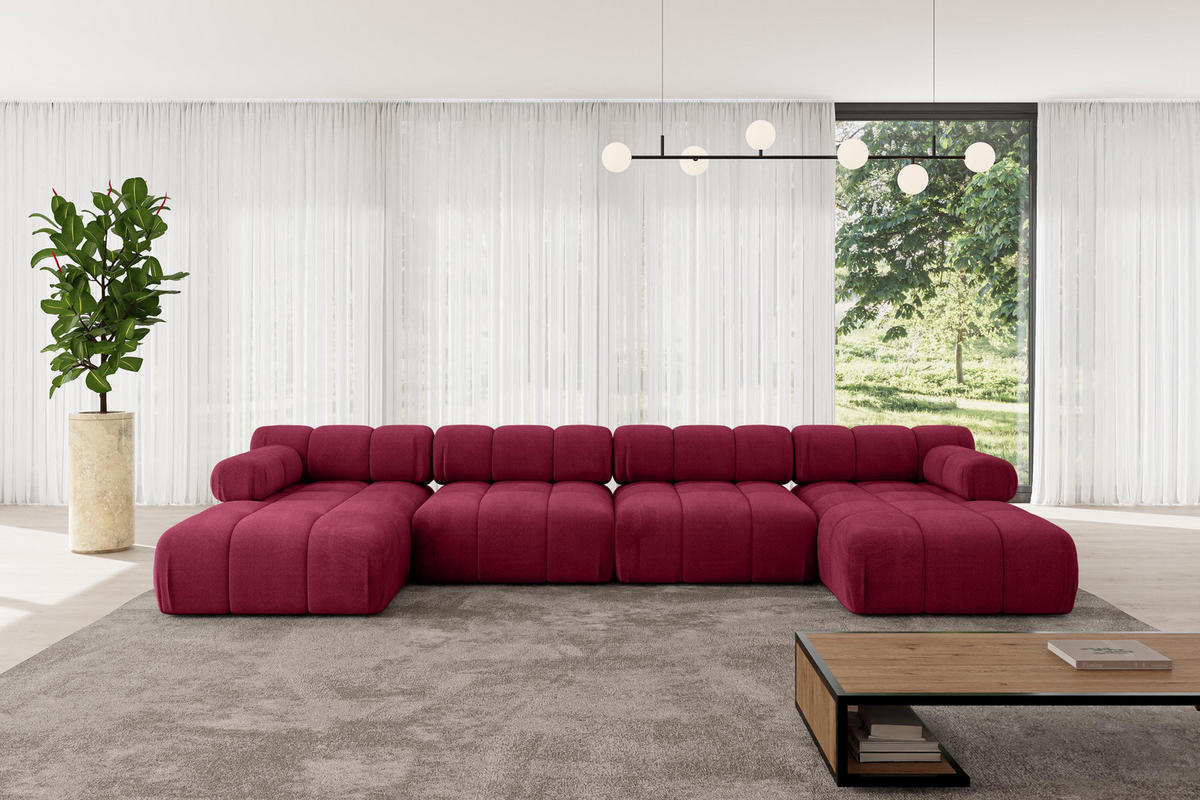 WOHNLANDSCHAFT modulares Sofa Tesso-U2 - 380x160x70 cm Bordeauxrot Velours - Bordeaux, Holzwerkstoff/Textil (380/70/160cm) - ALTDECOR