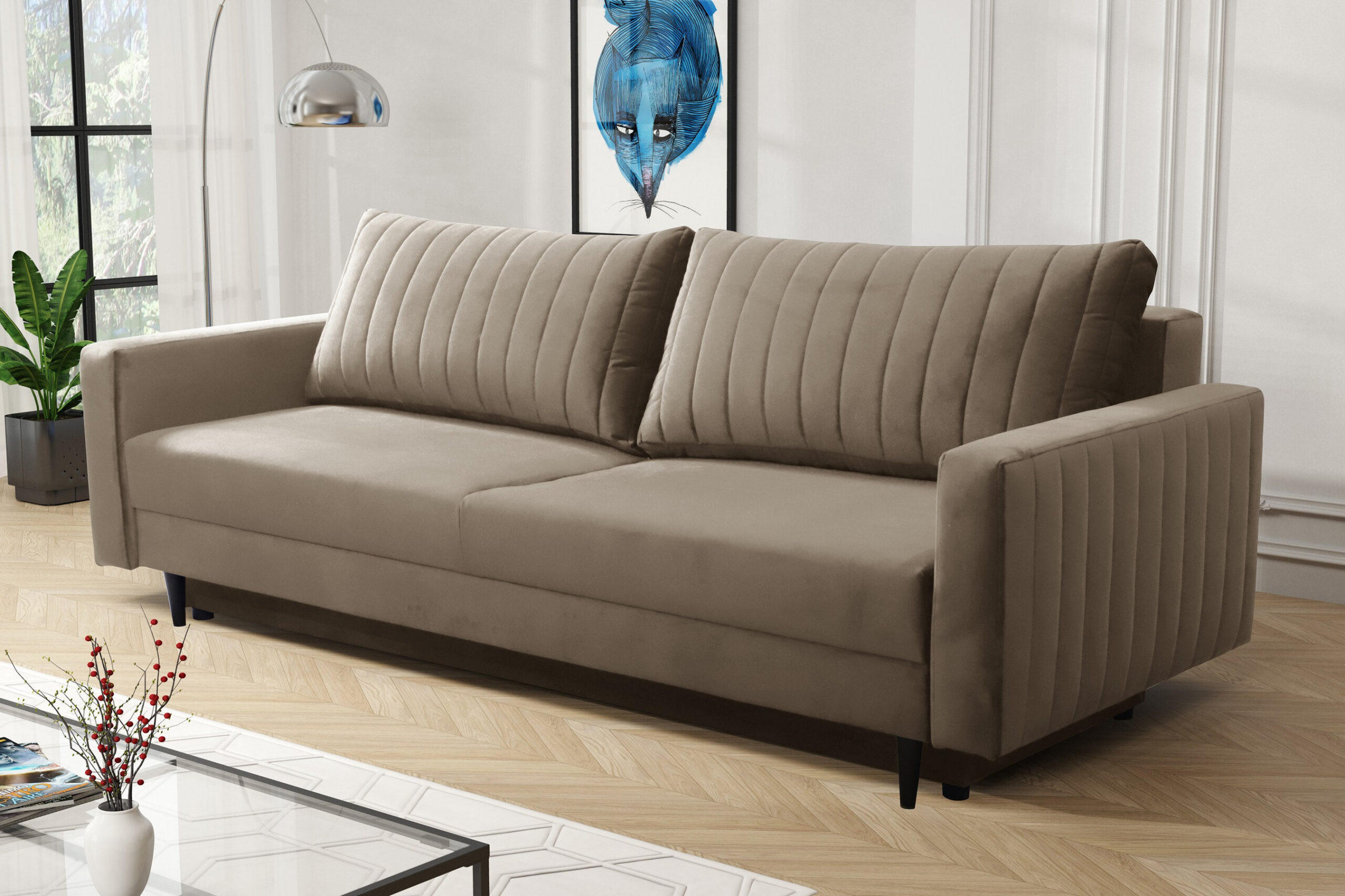 SCHLAFSOFA PALMO, Sofa mit Schlaffunktion und Bettkasten, Farbe: Beige, Velourstoff - Beige, Textil (220/86/94cm) - Sepro Meble