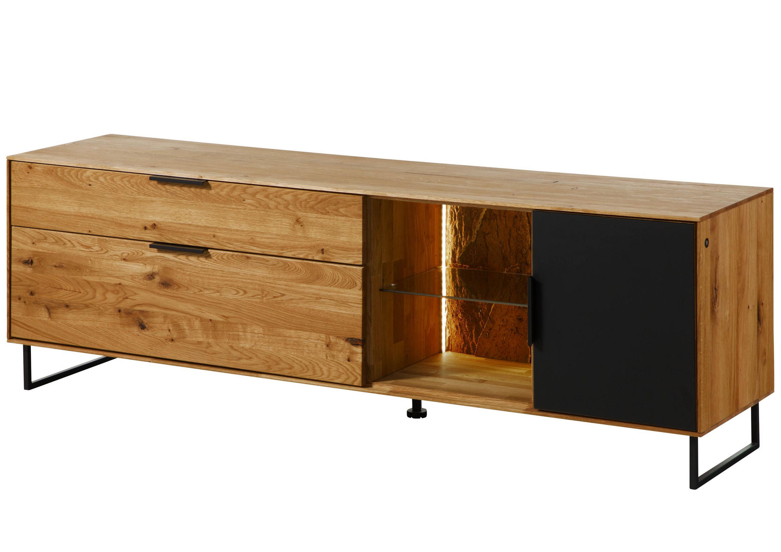 LOWBOARD Wildeiche mit Glastür 180x43x59 natur geölt LINDAU #125 - Schwarz/Naturfarben, Holz (180/59/43cm) - Massivmoebel24
