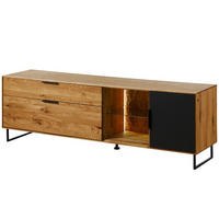 LOWBOARD Wildeiche mit Glastür 180x43x59 natur geölt LINDAU #125 - Schwarz/Naturfarben, Holz (180/59/43cm) - Massivmoebel24
