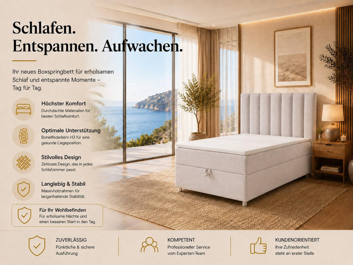 BOXBETT mit Bettkasten Trinity K10-SINGLE Bonellfederkern inkl. Topper - Creme, Holz/Holzwerkstoff (70/200cm) - Best For Home