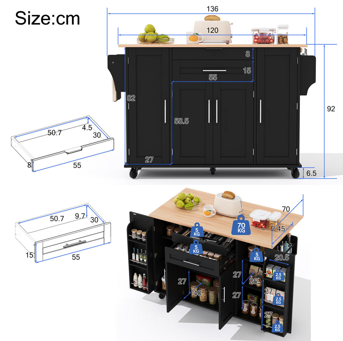 KÜCHENINSEL 136/70/92 cm aus MDF mit ausziehbarer Arbeitsplatte, Schubladen und Rollen, Schwarz/Natur - Schwarz, Holzwerkstoff (136/92/70cm) - Redom