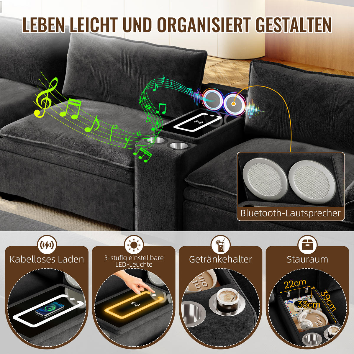 4-SITZER ECKSOFA Chenille Schwarz mit Stauraum, LED und USB - Schwarz, Holzwerkstoff/Textil (315/70cm) - WISHDOR