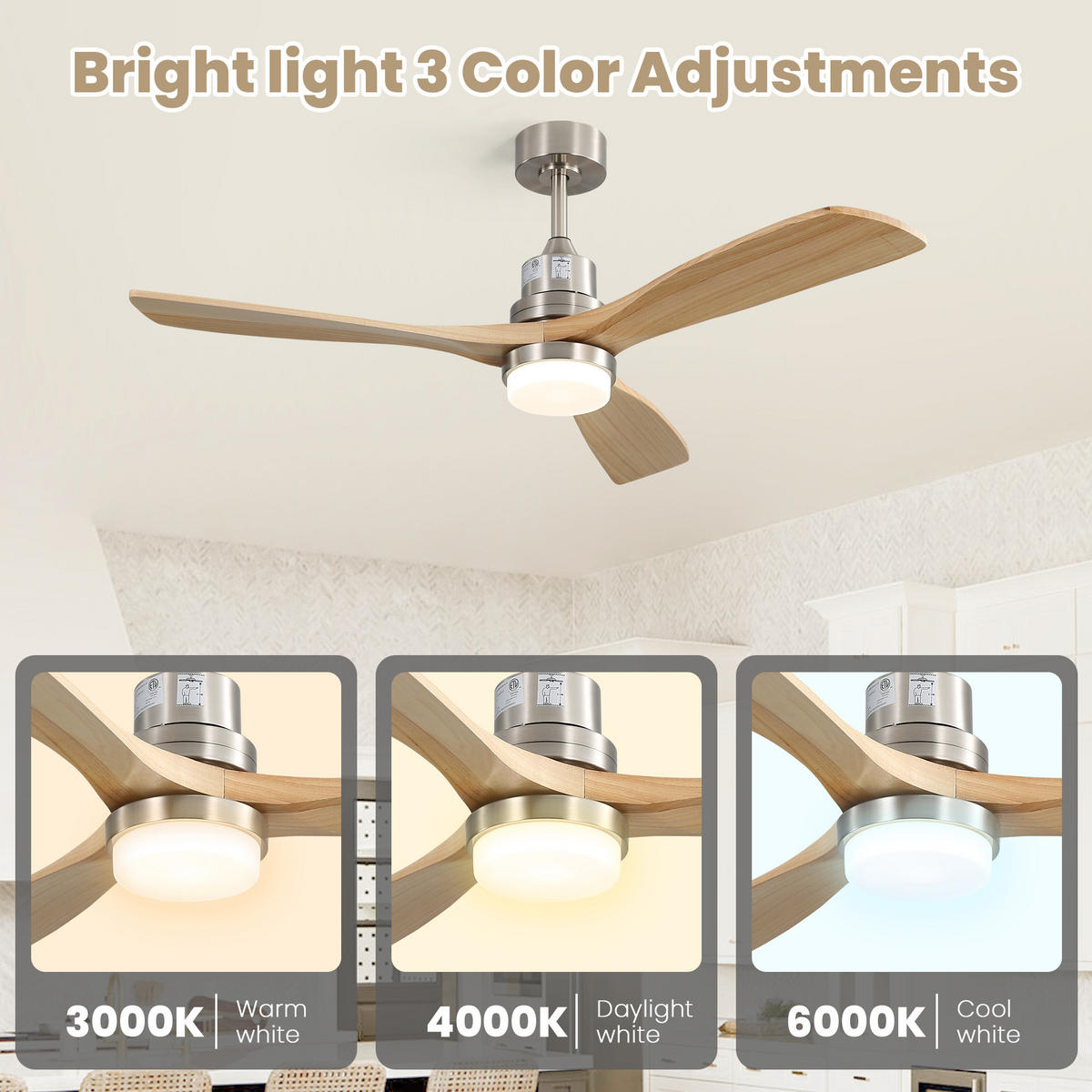 DECKENVENTILATOR DE-16195 52 Zoll mit dimmbarer LED & 3 Holzflügeln - Naturfarben, Holz/Metall (132/132/29cm) - ComfortXL
