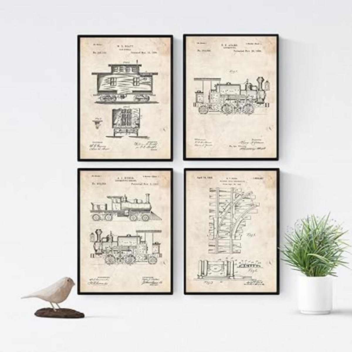 POSTER Set mit 4 Jahrgang eisenbahn patenten A4 Schwarzer Rahmen - Schwarz, Papier (29.7/3cm) - Nacnic