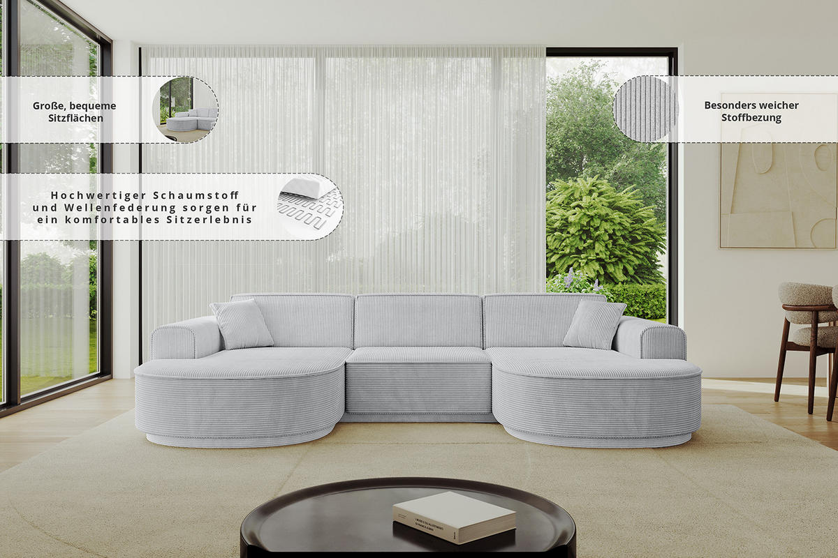 WOHNLANDSCHAFT MARI-U1 - 295x163x81 cm Dunkelgrau Cord - Dunkelgrau/Schwarz, Holzwerkstoff/Kunststoff (295/81/163cm) - ALTDECOR