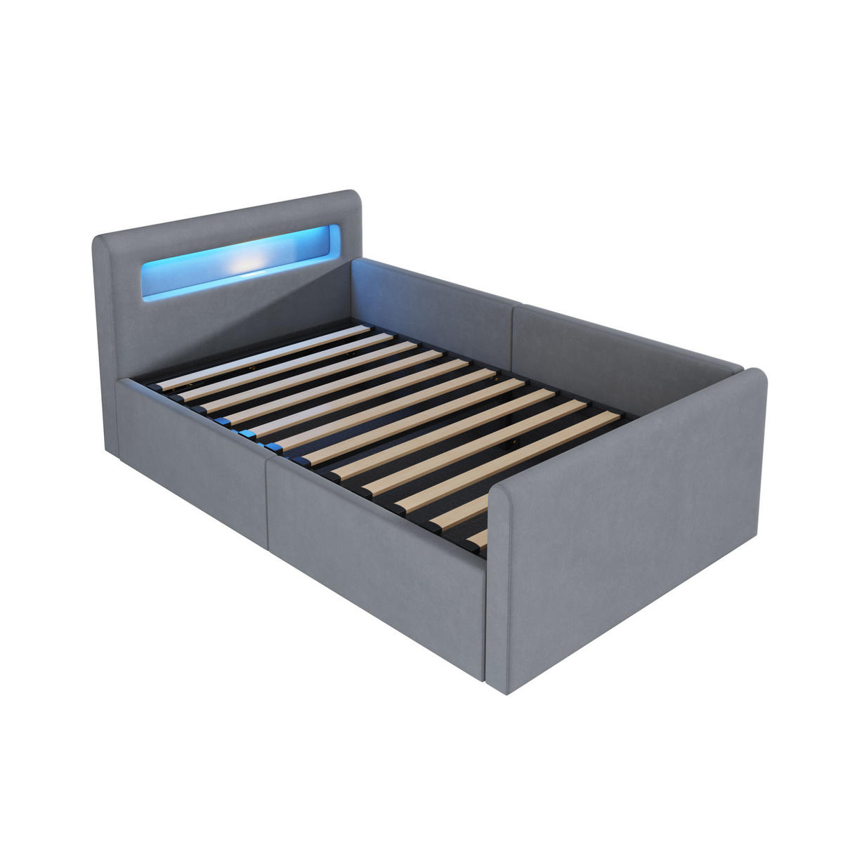 KINDERBETT 90/200 cm aus Samt mit LED, USB-Anschluss und hydraulischem Stauraum Hellgrau - Grau, Textil (90/200cm) - Modenvie
