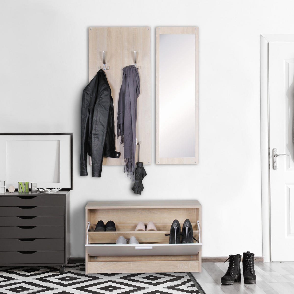 WANDGARDEROBE mit Spiegel, 10 Haken und Platz für 8 Paar Schuhe DELFT, Beige 80x27x180 cm - Beige, Holz (80/180/27cm) - KADIMA DESIGN