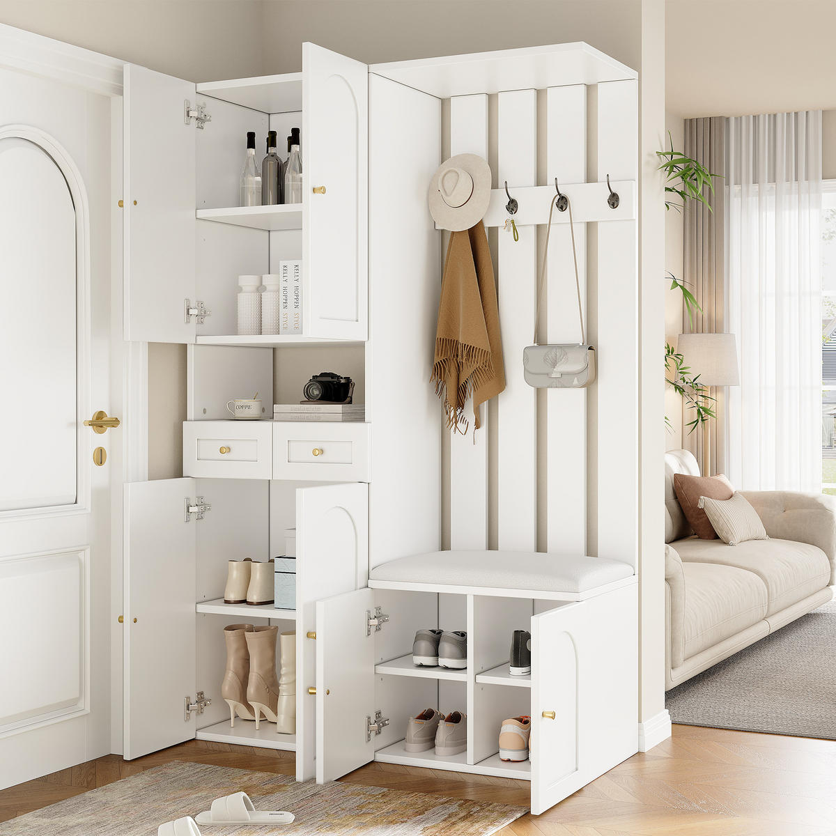 GARDEROBE in Weiß Flurgarderobeset mit Schuhbank und Schubladen für Flur, B110/T37/H180cm - Weiß, Holzwerkstoff/Metall (110/180/37cm) - STILVORA