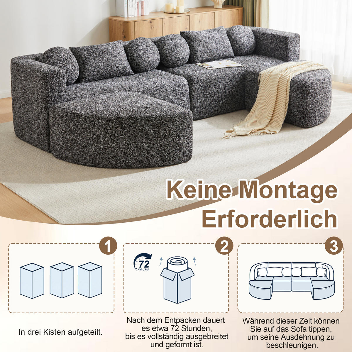SCHLAFSOFA Schwarz Cloud Couch Chenille Schlaffunktion 292cm - Schwarz, Textil (165/68/292cm) - FLIEKS