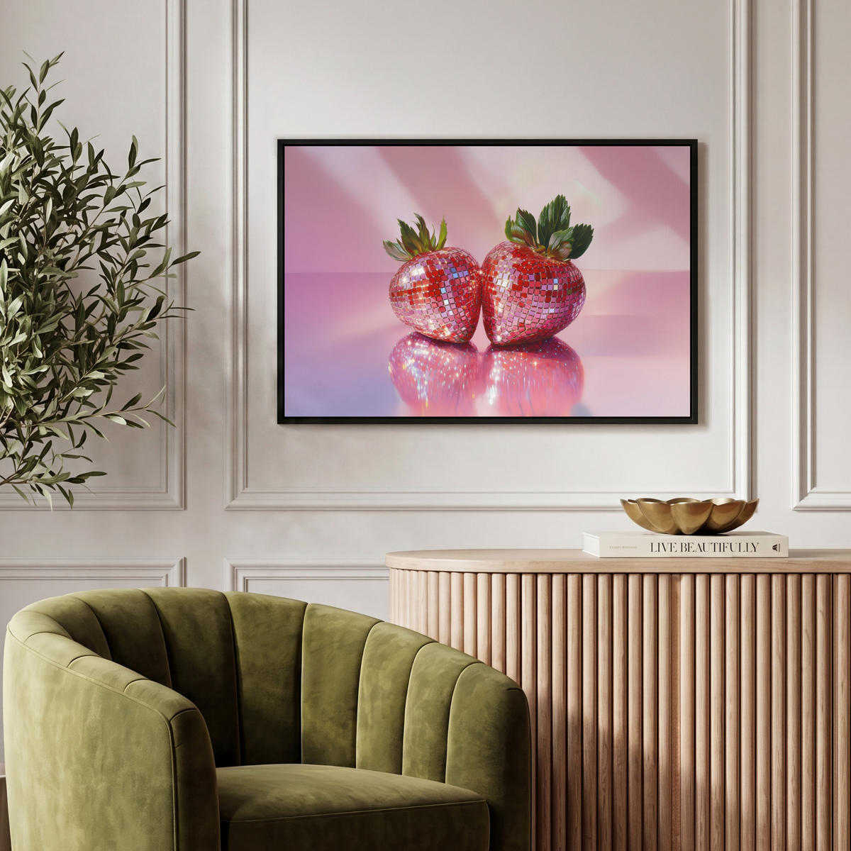LEINWAND Bilder mit Rahmen - Disco - Obst - Glitzer - Erdbeere - 60x40 - Pink, Textil (60/40cm) - MuchoWow