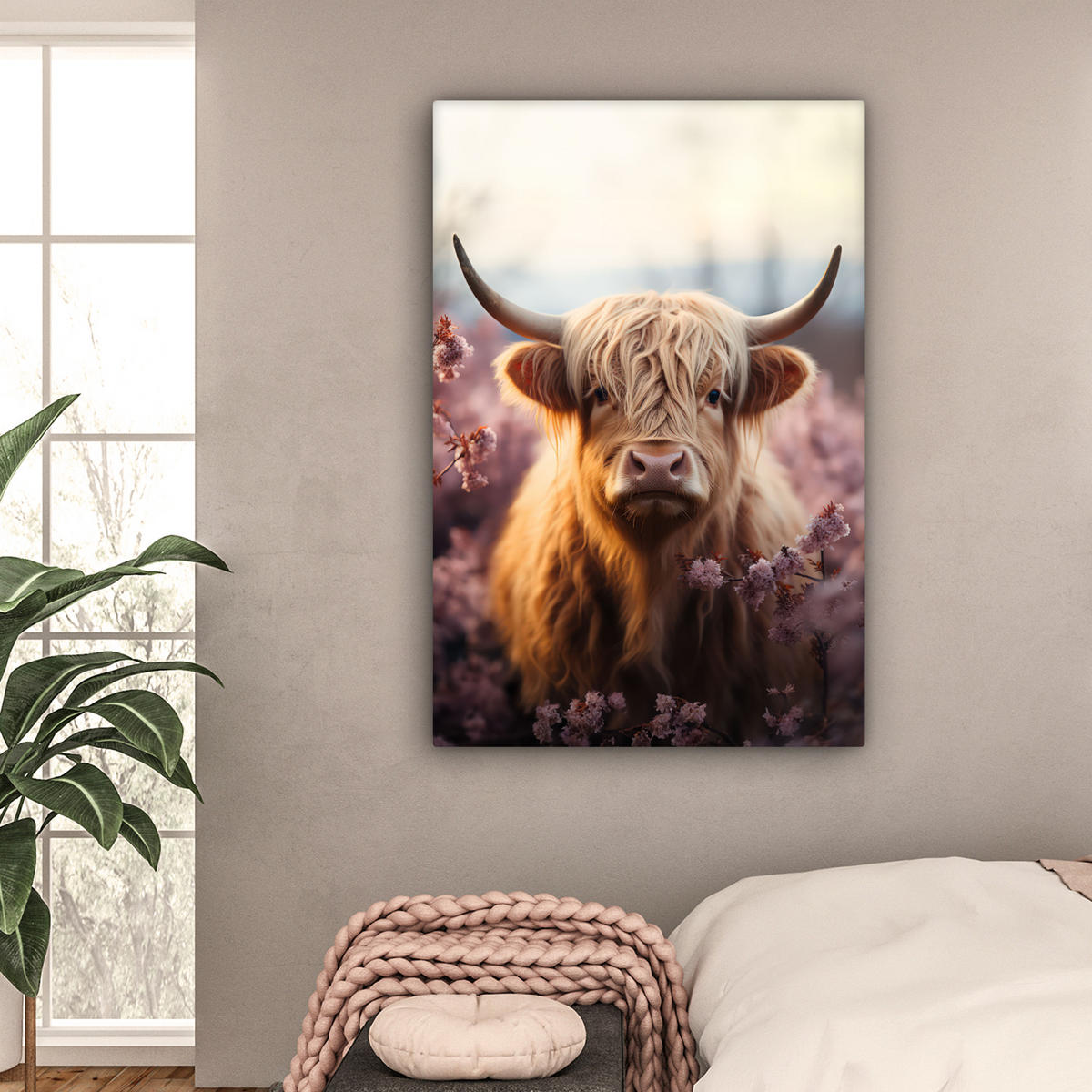 LEINWANDBILD - Schottischer Hochländer - Frühling - Hochland - 80x120 - Wanddeko - Hellrosa, Textil (80/120cm) - MuchoWow