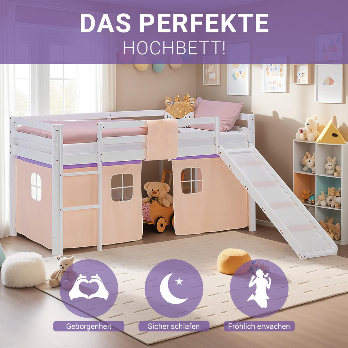 HOCHBETT 90/200 cm in weiß Rutsche Bettvorhang peach - Lila/Weiß, Holz/Textil (90/200cm) - Homestyle4u