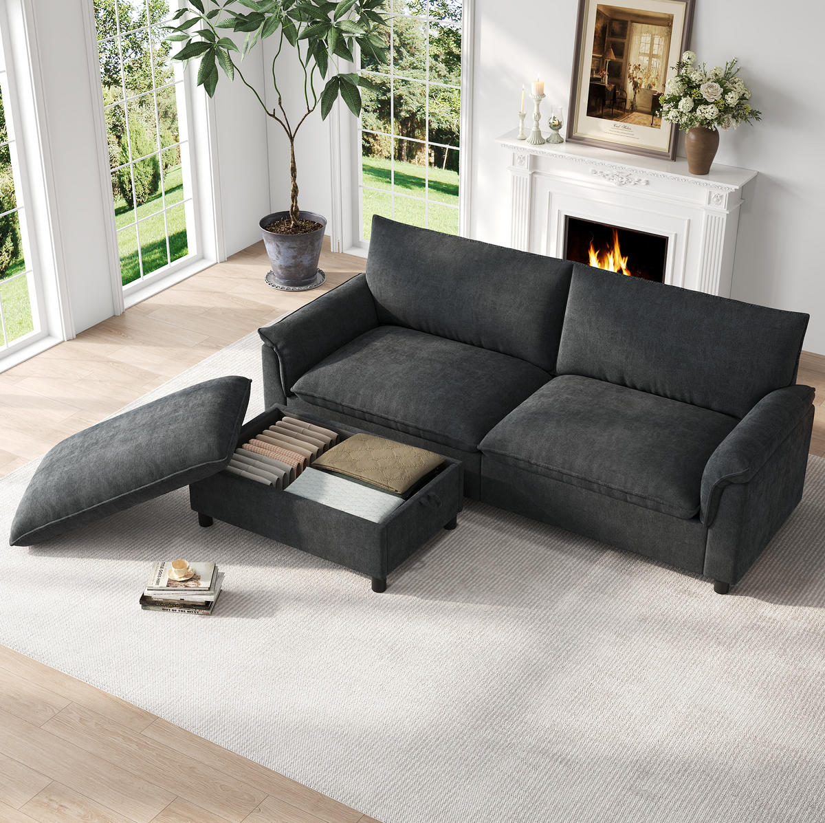 SOFA mit Hocker und Stauraum B 216 x T 77 x H 82 cm Chenille Black - Schwarz, Holzwerkstoff (77/216cm) - Meubliv