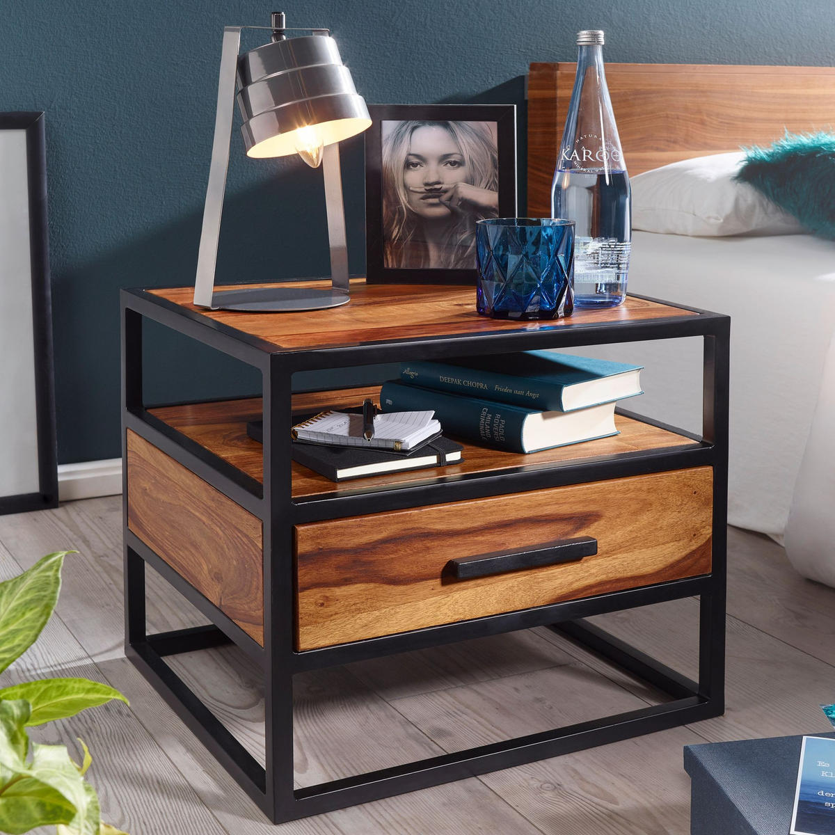 NACHTTISCH – Massivholz/Stahl, mit Stauraum, Industrial-Stil - Schwarz/Braun, Holz/Metall (50/45/45cm) - KADIMA DESIGN