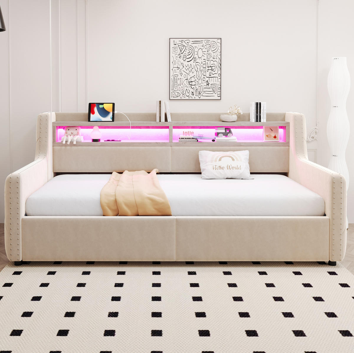 SCHLAFSOFA 90/200 cm mit LED, USB-C, Steckdose, Bettkasten und Lattenrost, Samt, Beige - Beige, Textil (104/81/216cm) - Redom
