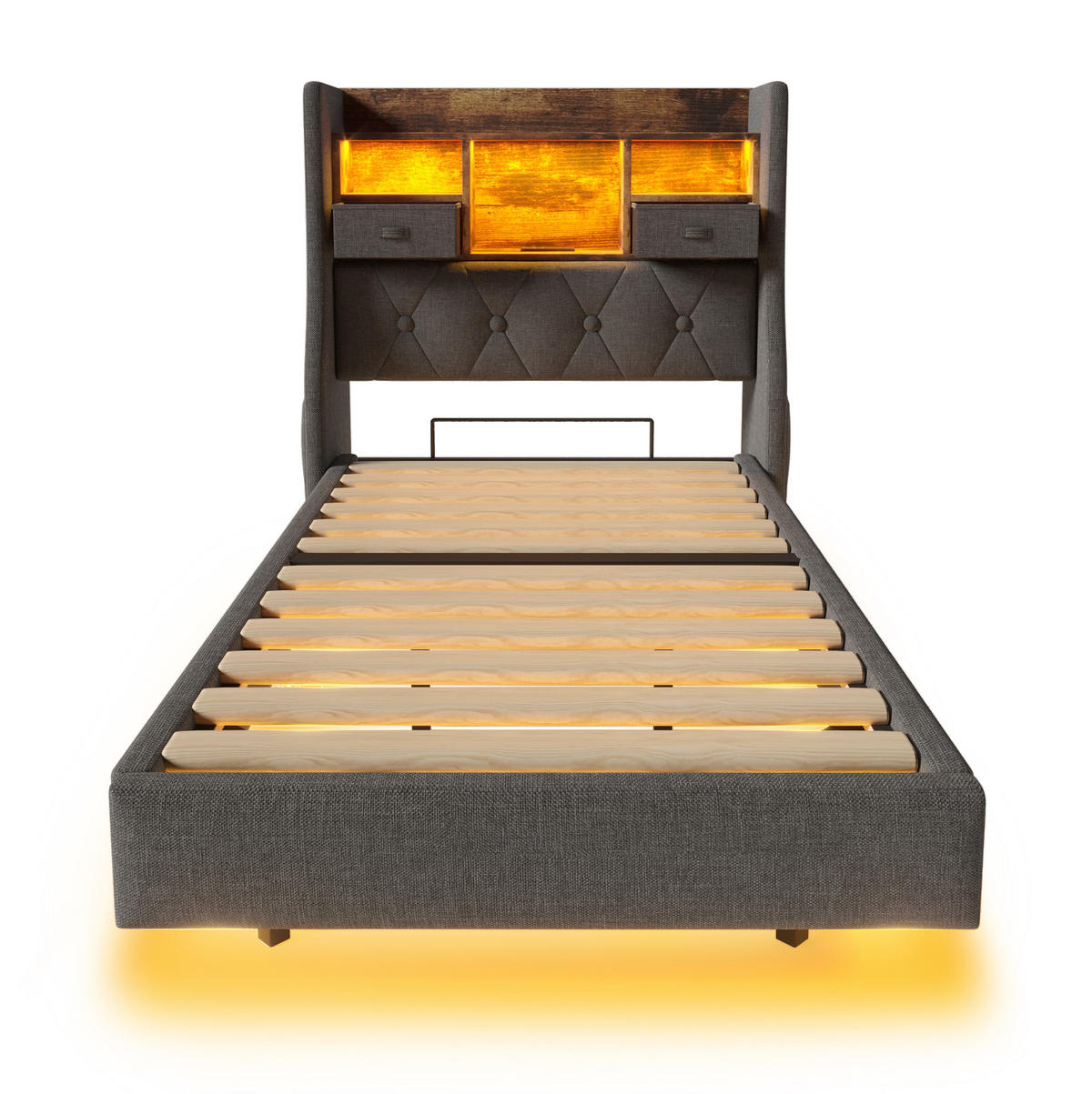 BETT mit LED und Ladestation 90x200 cm Leinen Gray mit Matratze - Grau, Holzwerkstoff (90/200cm) - Meubliv
