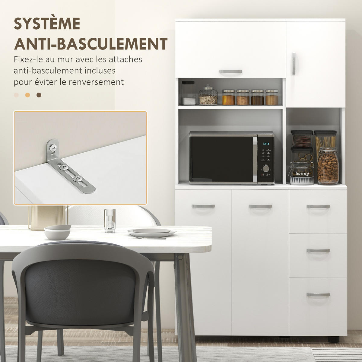 BUFFET DE-11117 4 Türen & 3 Schubladen mit Arbeitsplatte Weiß - Weiß, Holzwerkstoff (39.5/168/89cm) - ComfortXL
