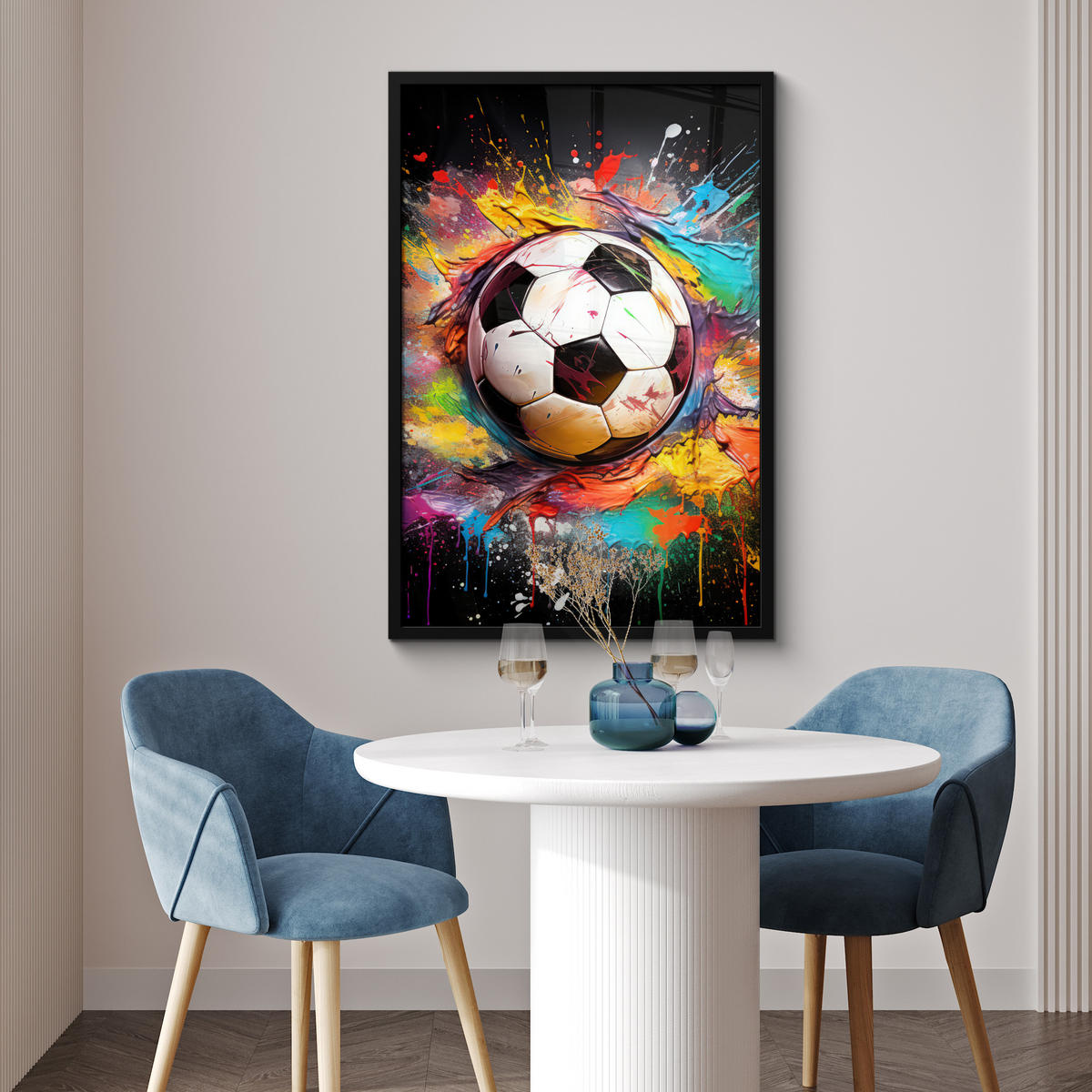 POSTER MIT RAHMEN Fußball - Farbe - Farben - Schwarz - Weiß 60x90 cm - Weiß, Papier (60/90cm) - MuchoWow