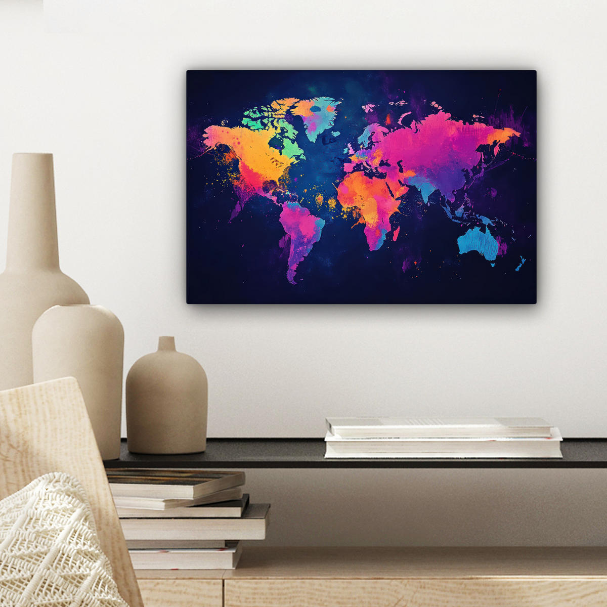 LEINWANDBILD Weltkarte - Bunt - Graffiti Deko Schlafzimmer 30x20 cm - Multicolor, Textil (30/20cm) - MuchoWow