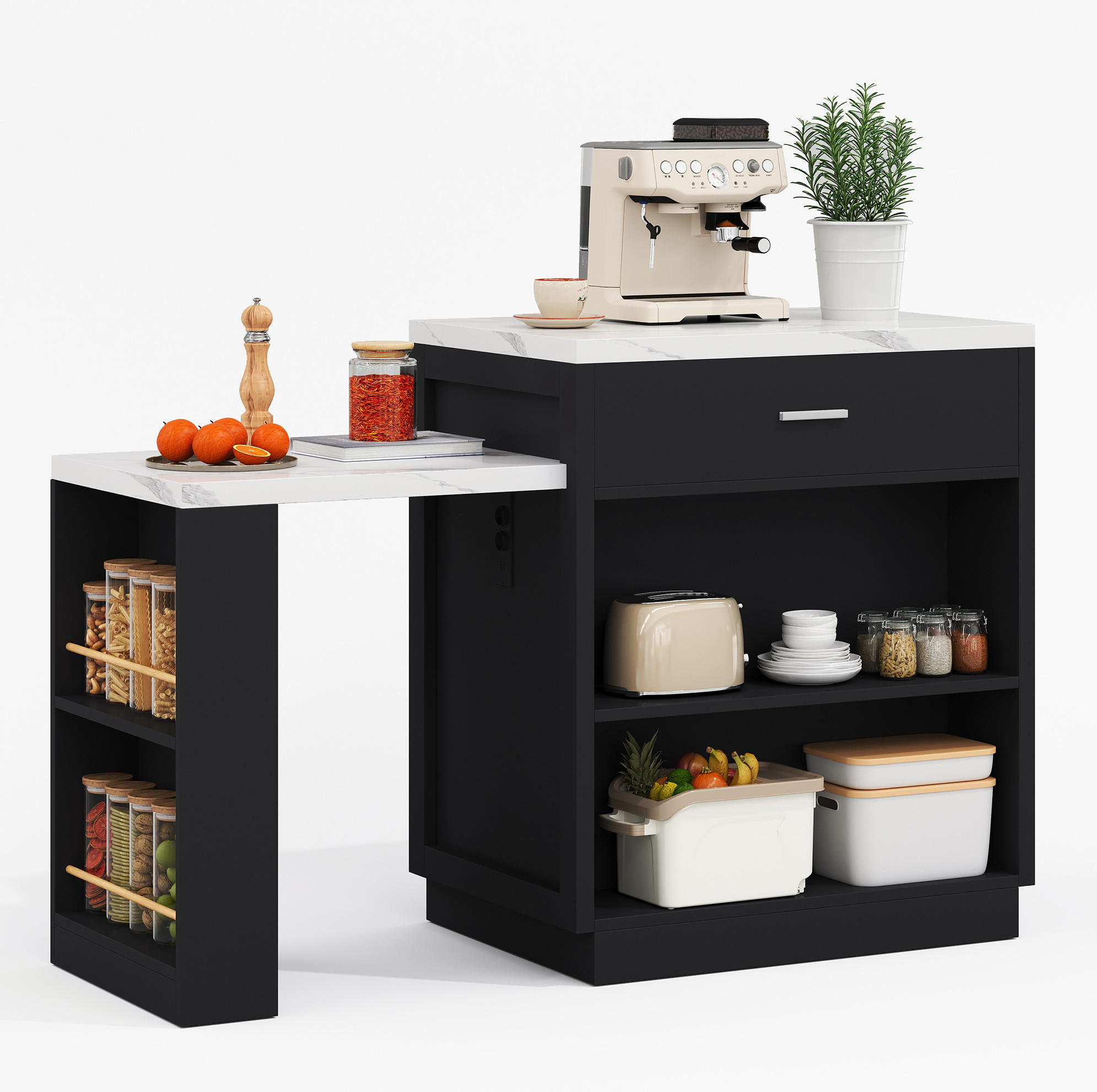 Modfu KUCHYŇSKÝ ostrůvek z MDF 211x55x89,5 cm černý s výsuvným stolem, zásuvkami, USB porty a úložným prostorem