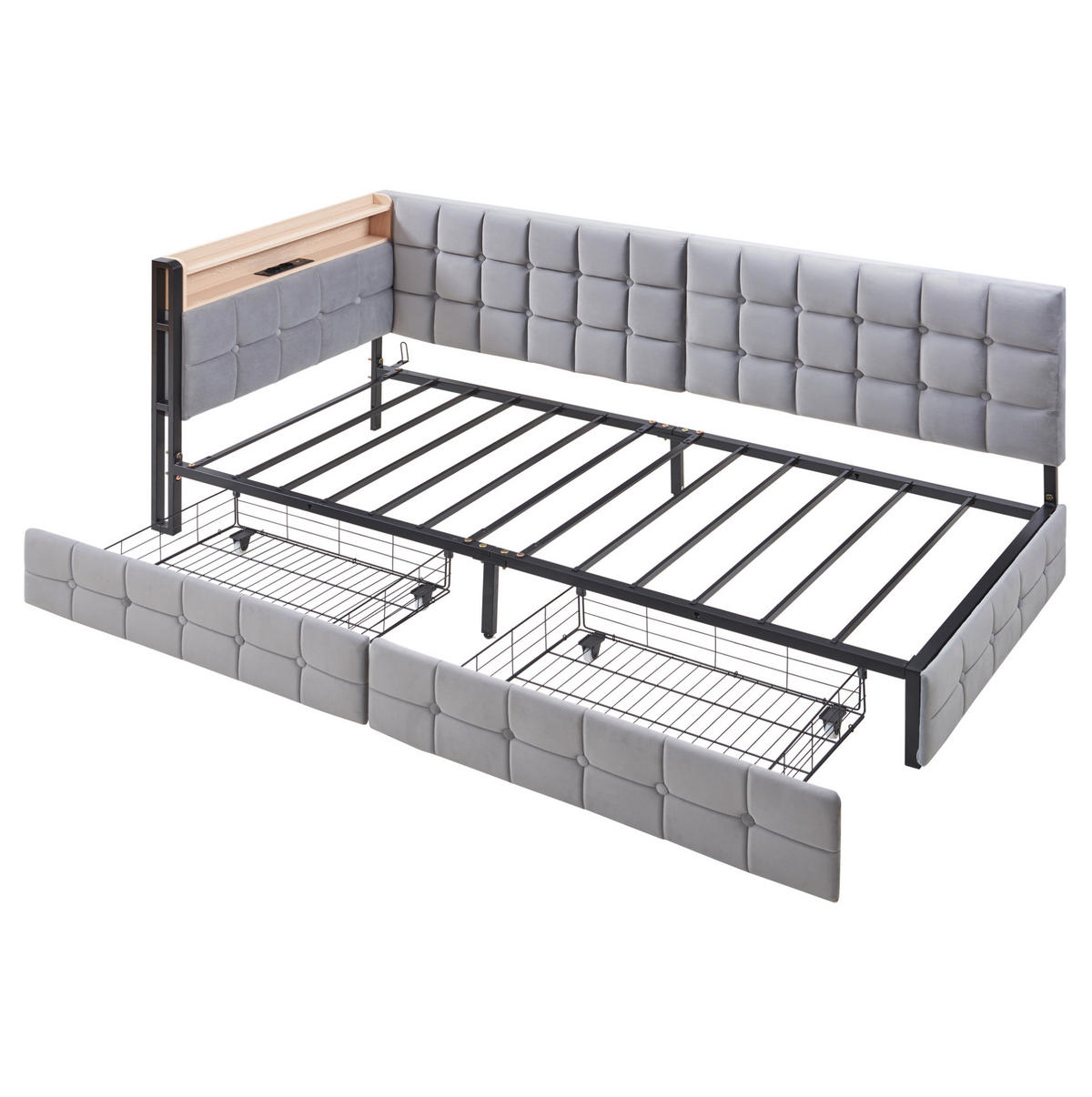 TAPECIRANI krevet na razvlačenje 90/200 cm sivi od tkanine s LED rasvjetom i 2 ladice - siva, tekstil (90/200cm) - OKWISH