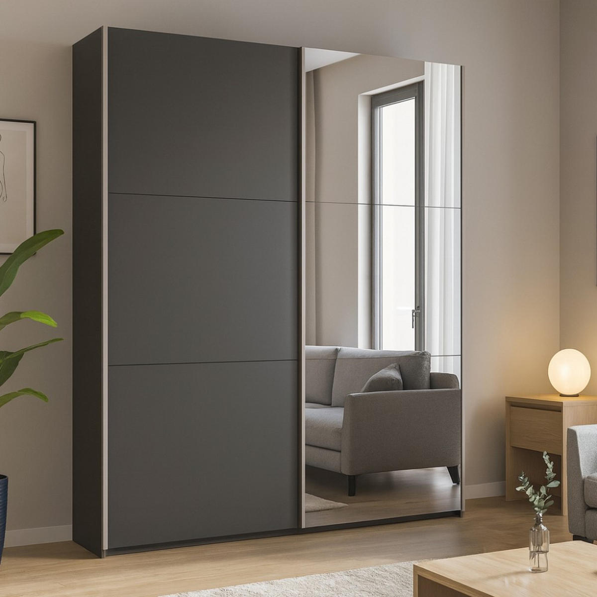 SCHWEBETÜRENSCHRANK Rossa mit 2 Türen und Spiegel, 200 cm, Graphit - Graphitfarben, Holzwerkstoff (200/244/65cm) - Beautysofa