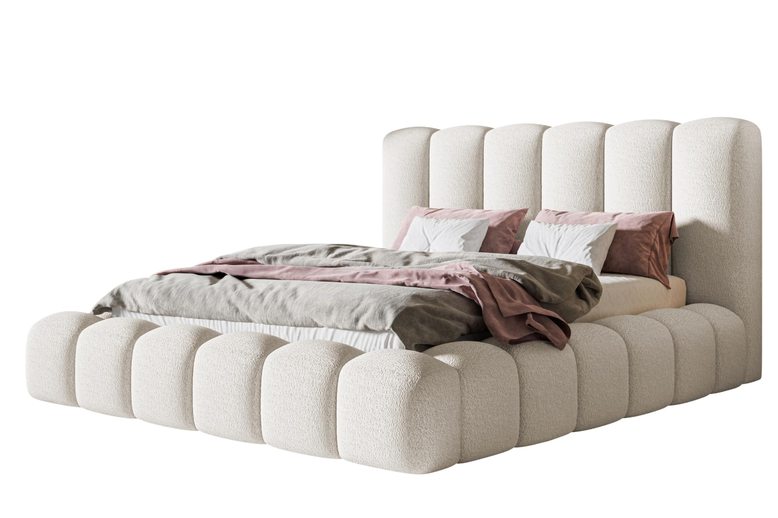 BETT 140x200 - Polsterbett mit Bettkasten und Metallrahmen - Modern Bett - Eleganter Catch Me-Stoff - Kollektion Nora Maxi - Weiß - Weiß, Holz/Textil (140/200cm) - Alpi-Möbel