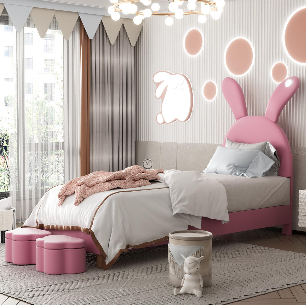 POLSTERBETT 90/200 cm mit 2 Stauraumbänken, LED-Beleuchtung und klappbaren Hasenohren aus französischem Samt, Rosa - Rosa, Textil (90/200cm) - Redom