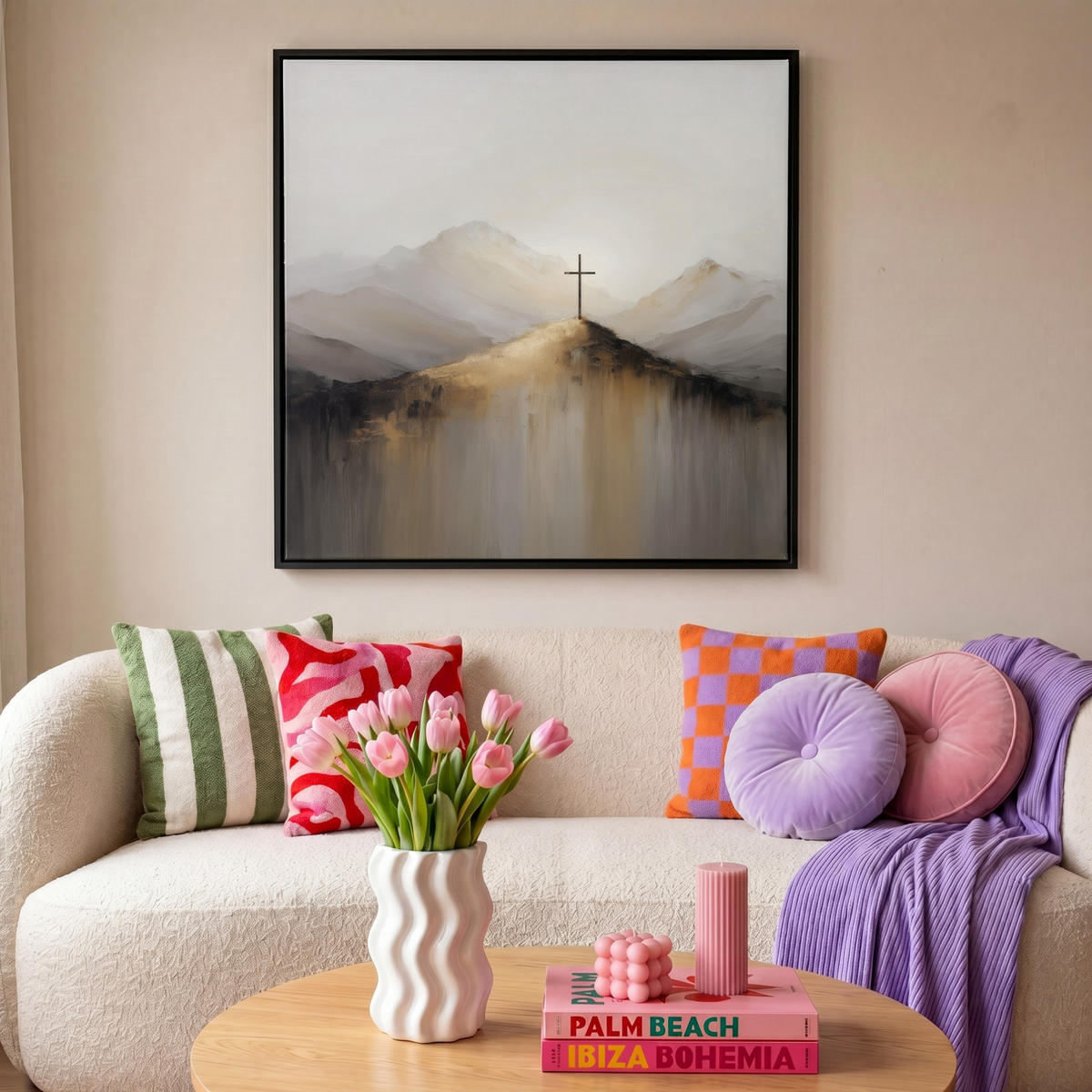 LEINWAND Bilder mit Rahmen - Hügel - Abstrakt - Kreuz - Christentum - 90x90 - Beige, Textil (90/90cm) - MuchoWow