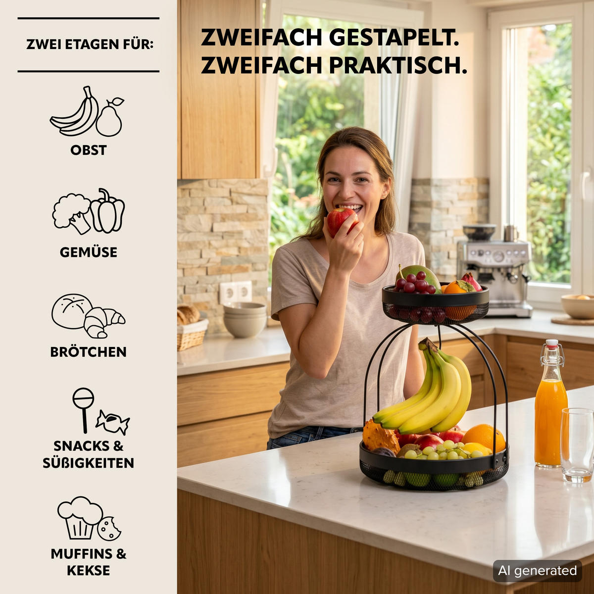 OBSTETAGERE mit Bananenhalter, schwarz, rund - Schwarz, Metall (30/38.5cm) - eluno