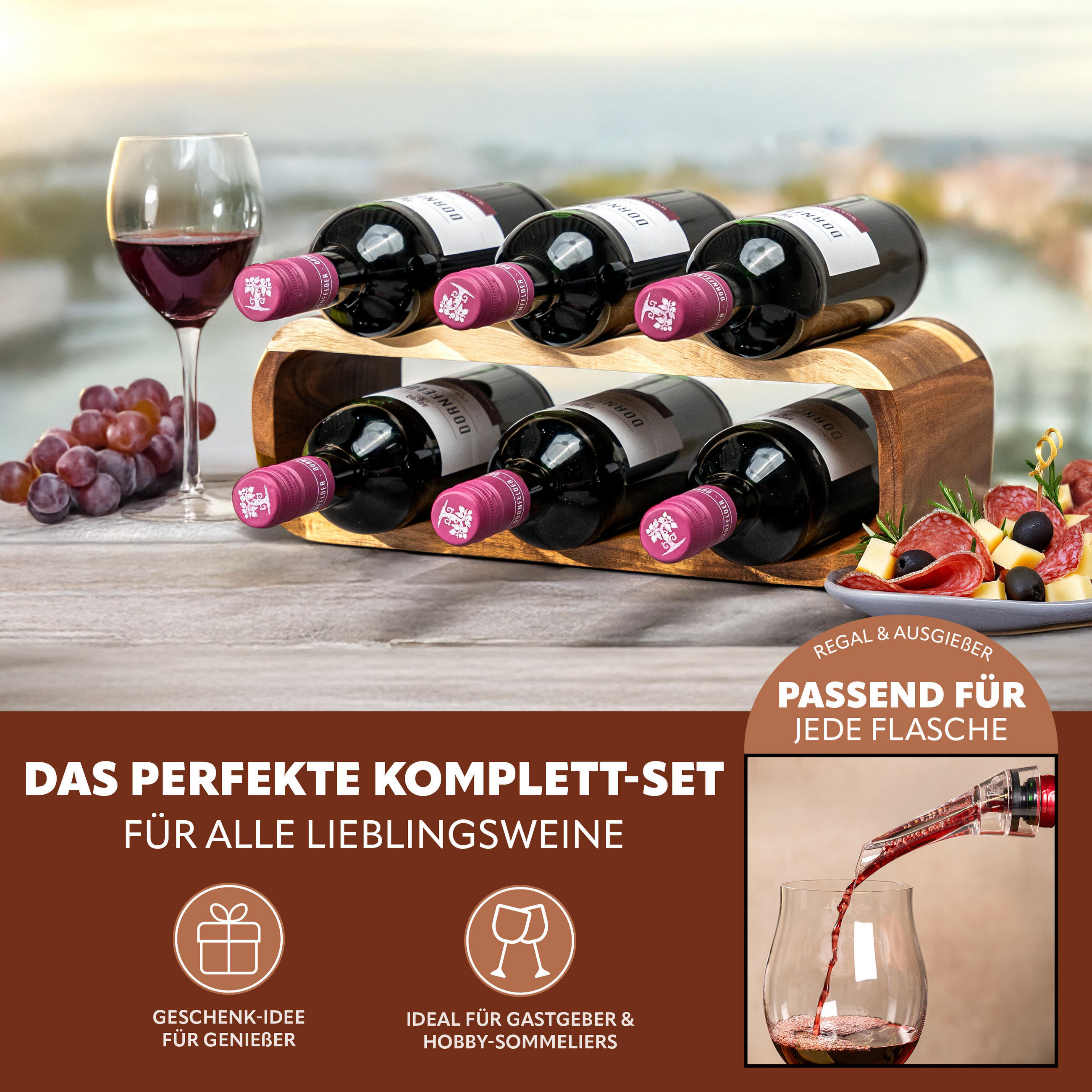 WEINREGAL-SET 6tlg, Akazienholz - Akaziefarben, Holz (38/12.5/16cm) - eluno
