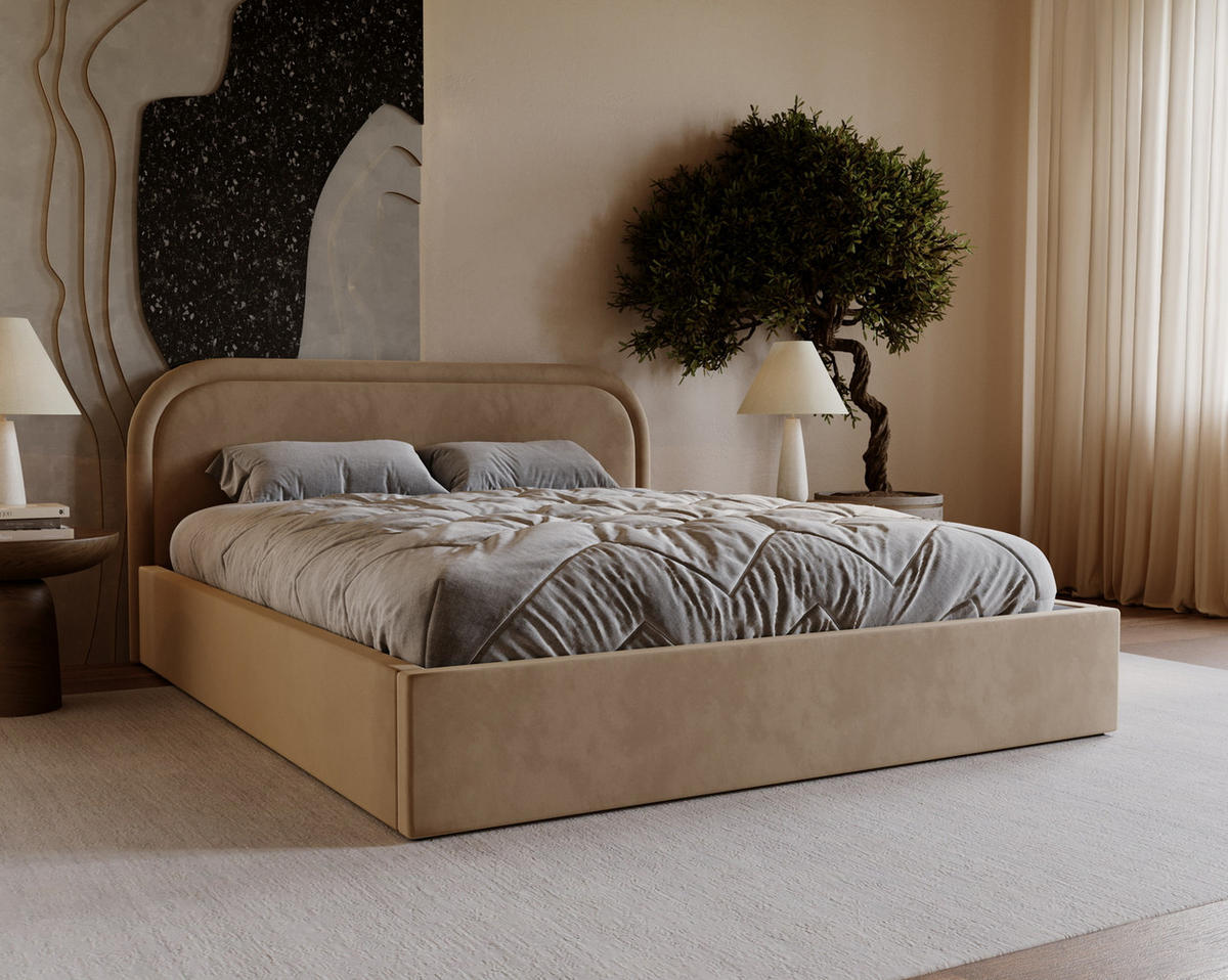 POLSTERBETT 180x200 Dune mit Bettkasten, runde Kopfteil, Samt, Latte - Cappuccino, Holz/Textil (180/200cm) - Emporius