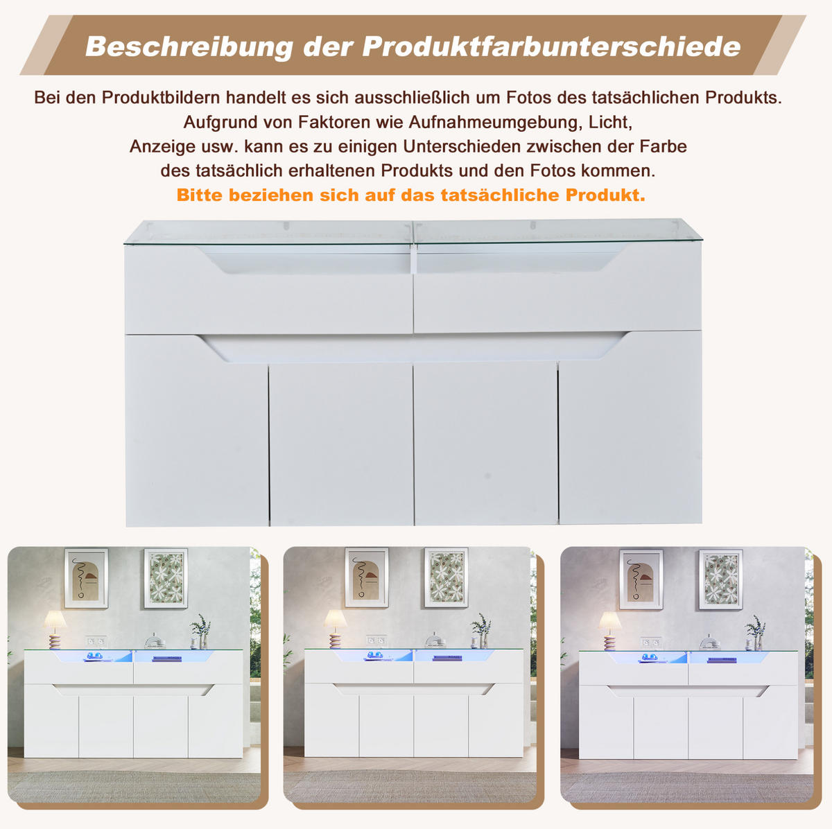 SIDEBOARD 140/40/70 cm weiß aus MDF mit Glasplatte und LED - Weiß, Holzwerkstoff (140/70/40cm) - OKWISH