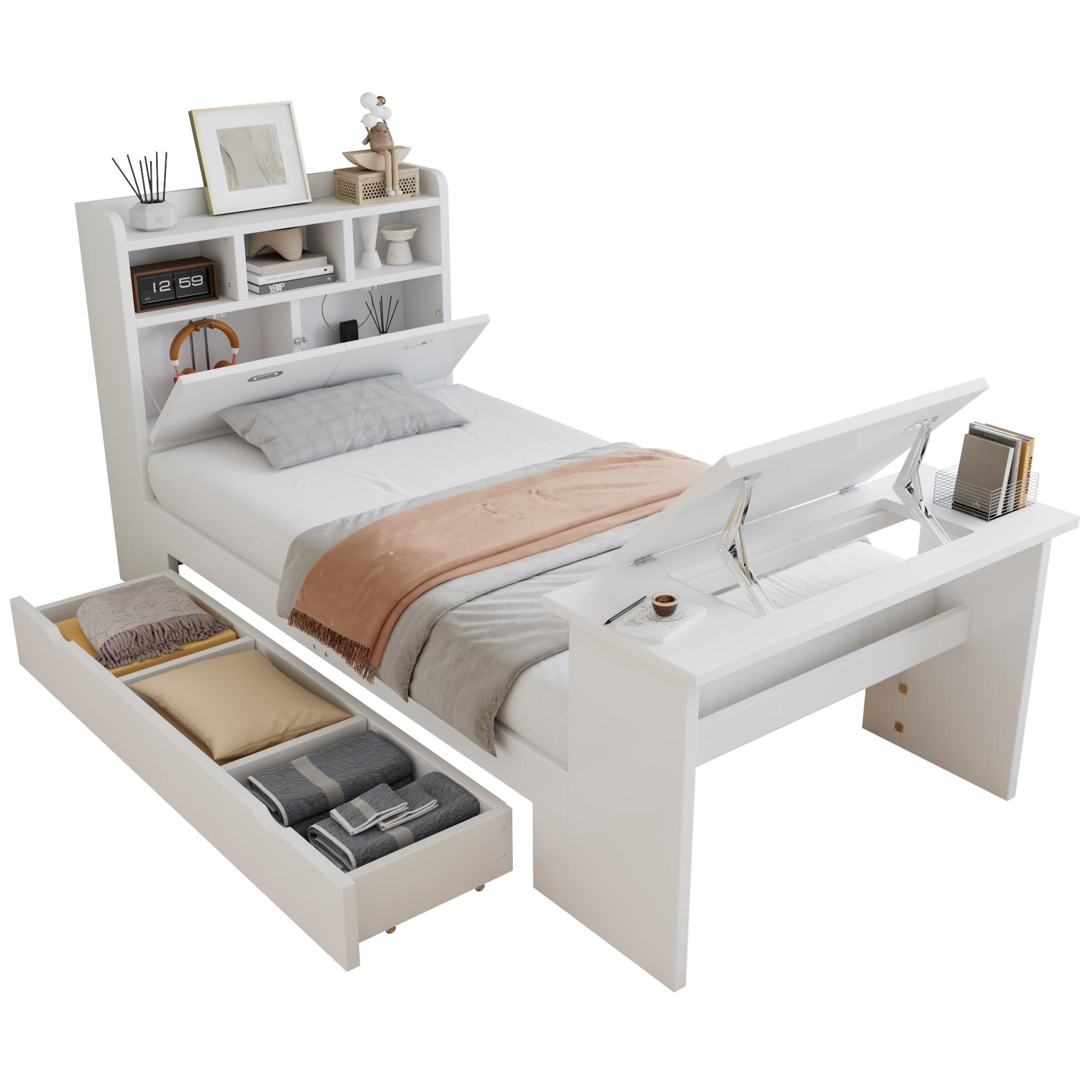 JUGENDBETT 90/200 cm in Weiß mit Stauraum, Kopfteilregal und Klapptisch aus Holz - Weiß, Holzwerkstoff - STILVORA