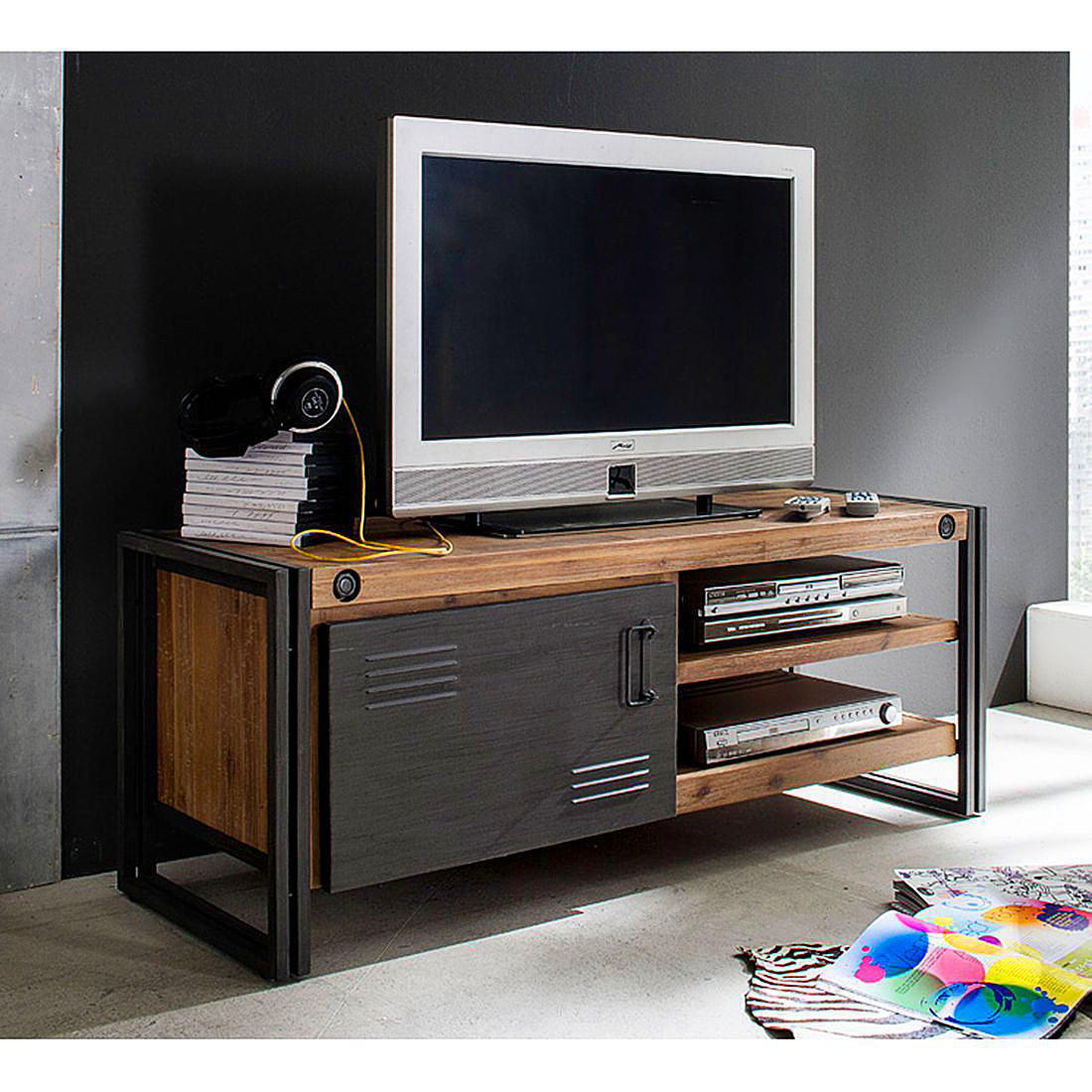 TV-LOWBOARD mit 2 fächer rechts - Akazie massiv / Metall - Akaziefarben, Holz (130/50/45cm) - home24