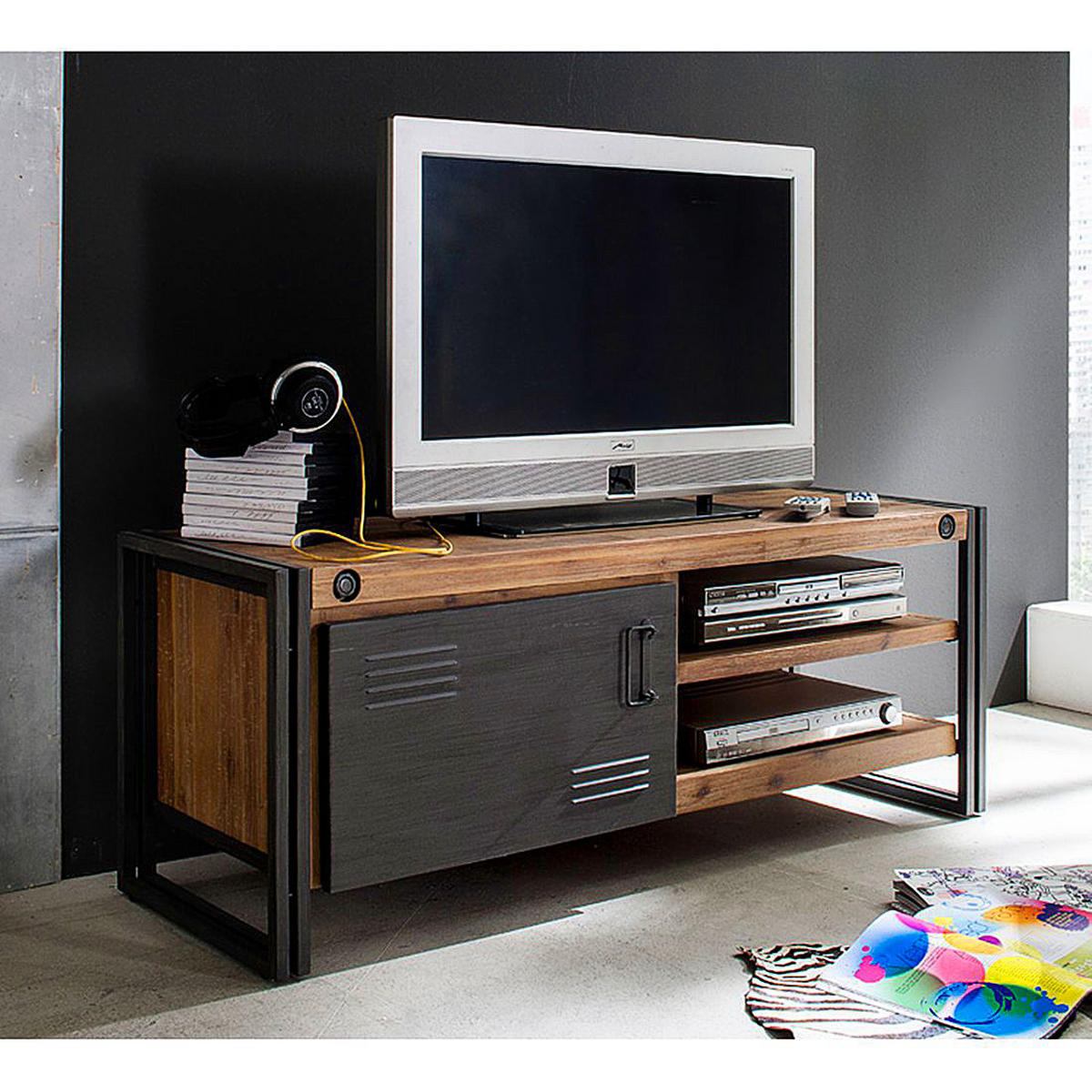 TV-LOWBOARD mit 2 fächer rechts - Akazie massiv / Metall - Akaziefarben, Holz (130/50/45cm) - home24