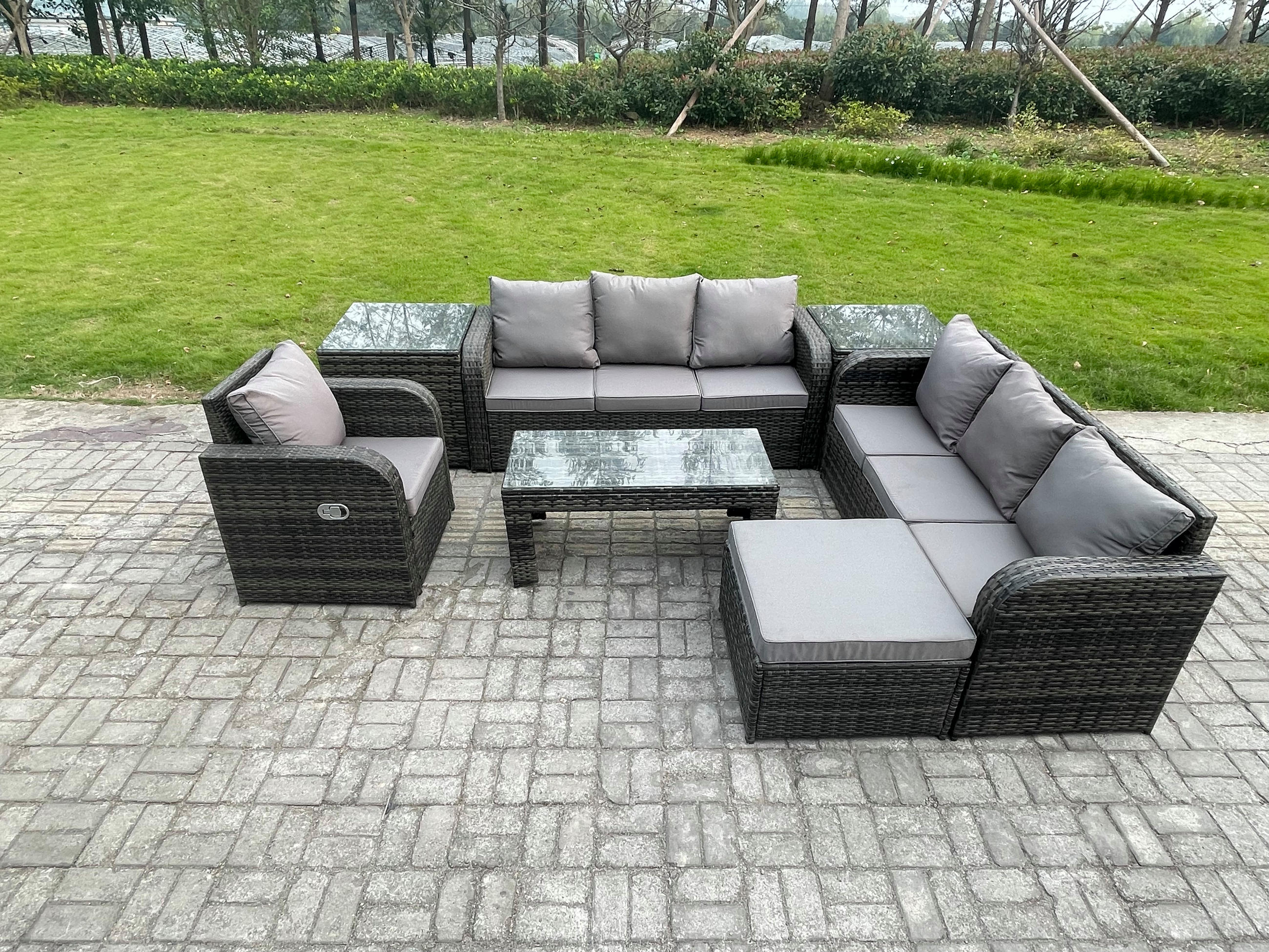 GARTENSOFA SET mit rechteckigem COUCHTISCH Polyrattan 8-Sitzer Dunkelgrau - Dunkelgrau/Grau, Glas/Kunststoff - Fimous