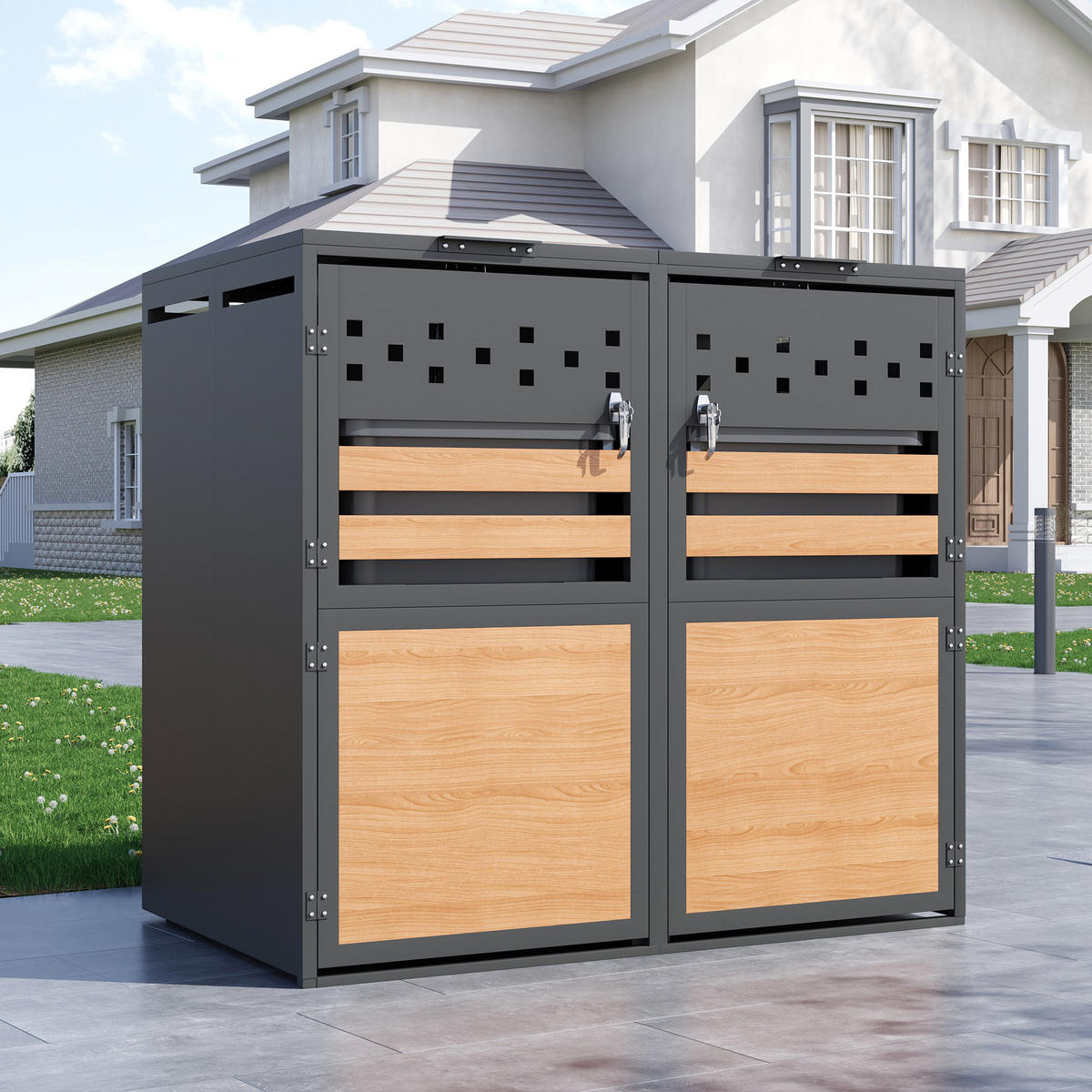 MÜLLTONNENBOX Mit Klappdeckel Holzoptik/Grau - Braun, Metall (132/120/80cm) - ComfortXL