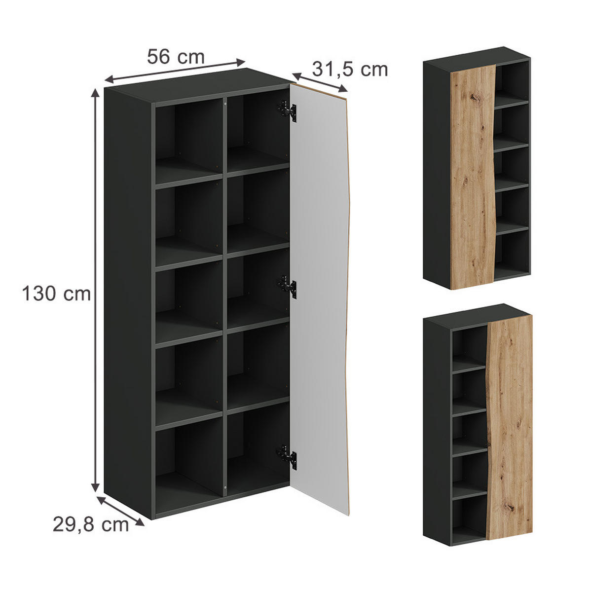 DER HOCHSCHRANK Willow Artisan 56 x 130 cm mit 5 offenen Fächern - Anthrazit/Hellgrau, Holzwerkstoff (56/130/29.8cm) - Vicco