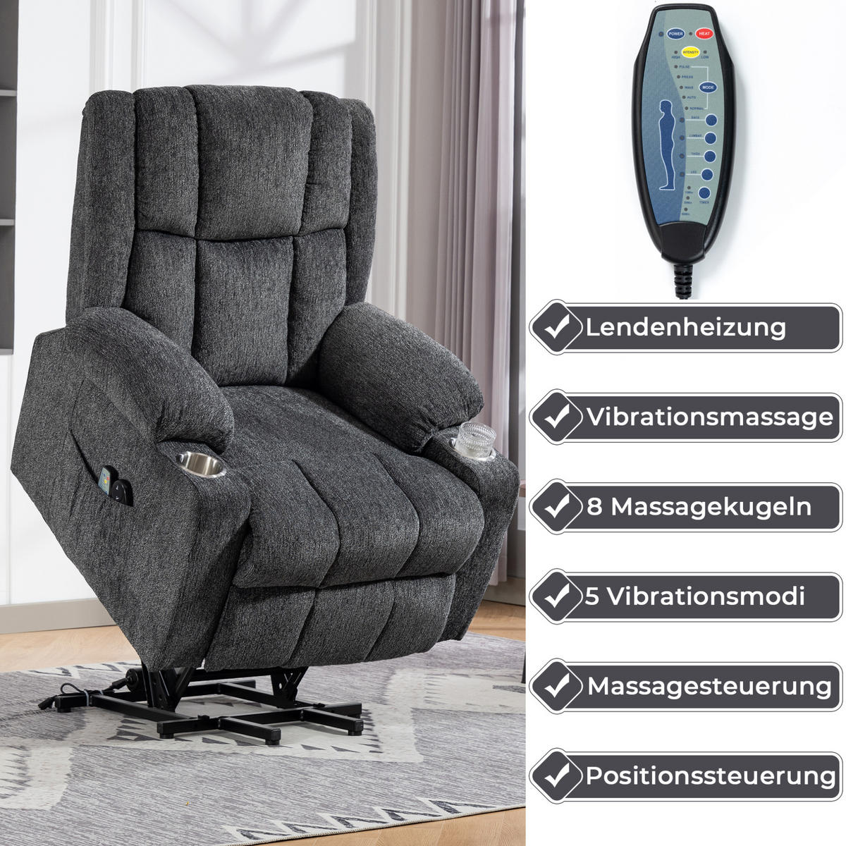 POLOHOVACÍ křeslo tmavě šedé ze sametu s elektrickým vstáváním, masáží, ohřevem a podnožkou - tmavě šedá, textil (84/106/91cm) - OKWISH