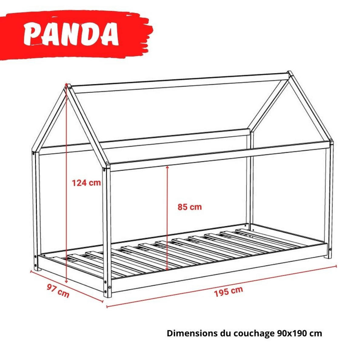 HAUSBETT PANDA mit Lattenrost / Kinderbett 90x190 + Lattenrost + Matratze IRIS - Natur und Schwarz - Multicolor, Holz (90/190cm) - Weber Industries