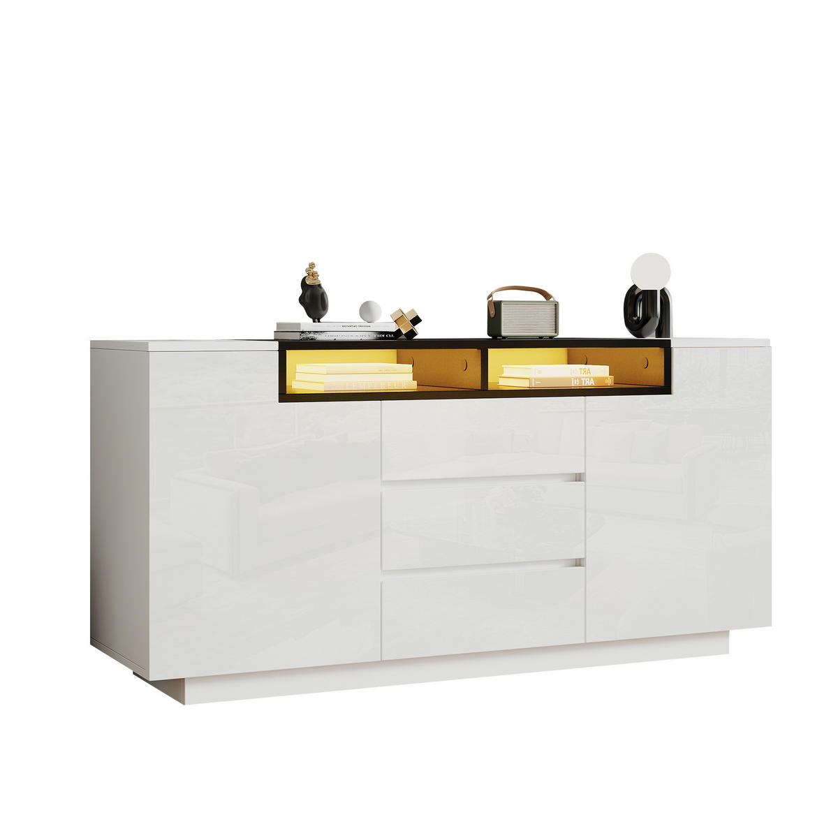SIDEBOARD 140/40/68 cm Weiß/Schwarz mit 2 Türen und 3 Schubladen - Weiß, Holzwerkstoff (140/68/40cm) - OKWISH
