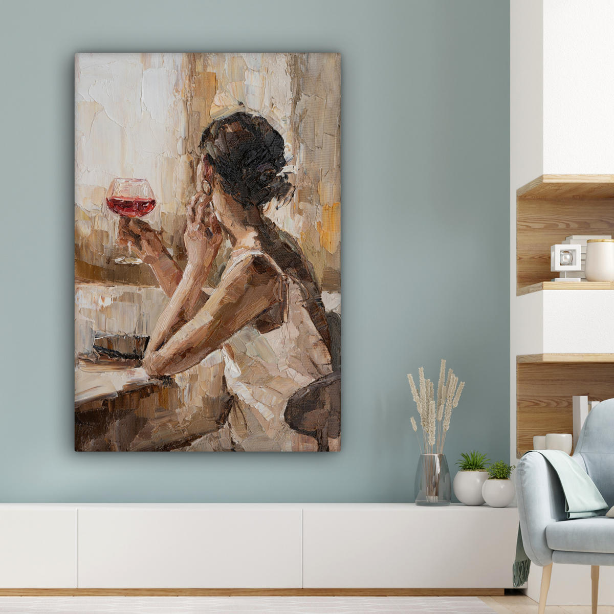 LEINWANDBILD Ölgemälde - Frau - Wein 80x120 cm - Hellbraun, Textil (80/120cm) - MuchoWow
